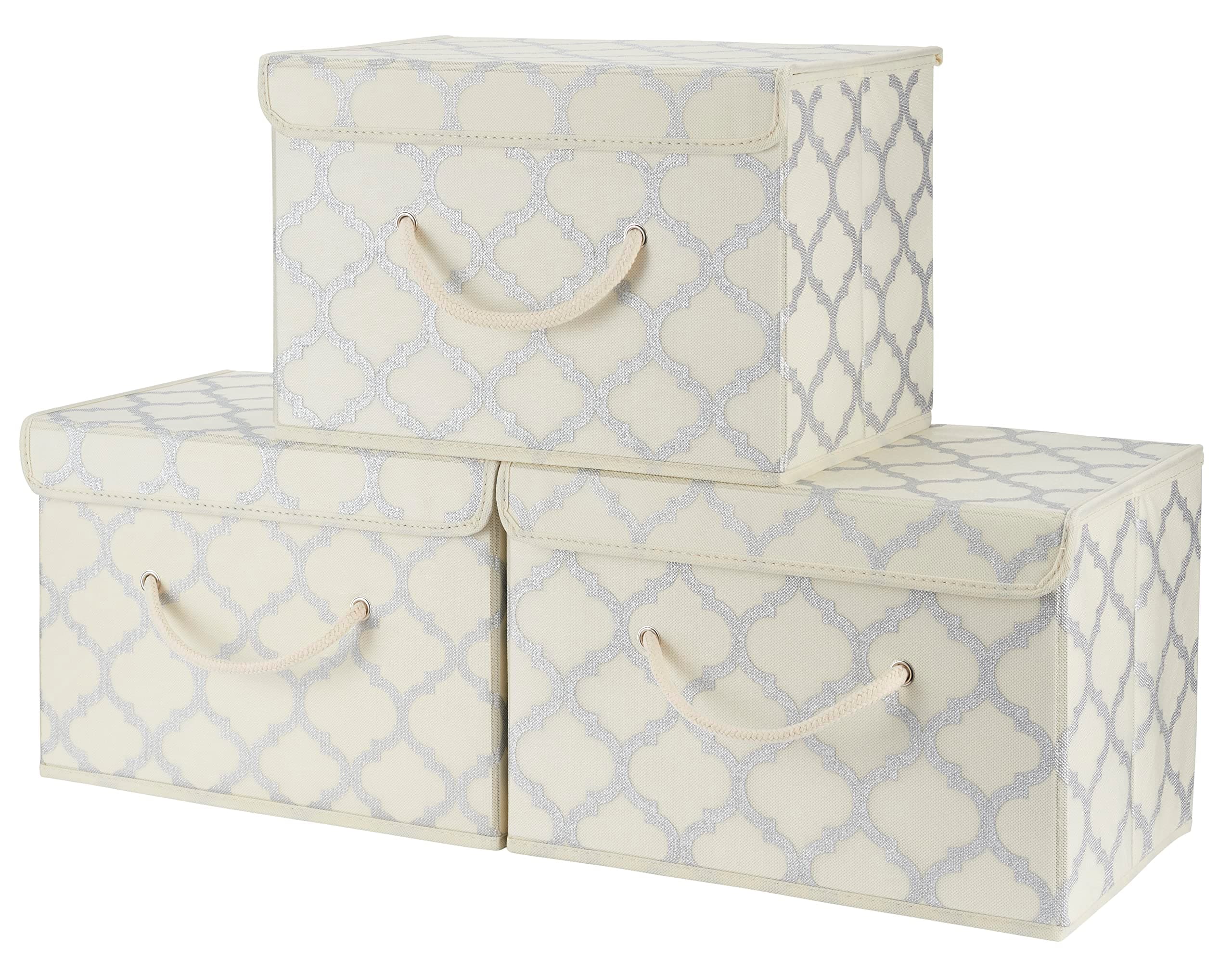 Cream/Metallic Fabric Storage Boxes with lids, Stackable and Foldable. For wardrobes, shelves, clothes, bedroom, office, cupboard, keepsake box, crafts, toys, shoes, socks. Rope Handle 3pk 37x25x25cm