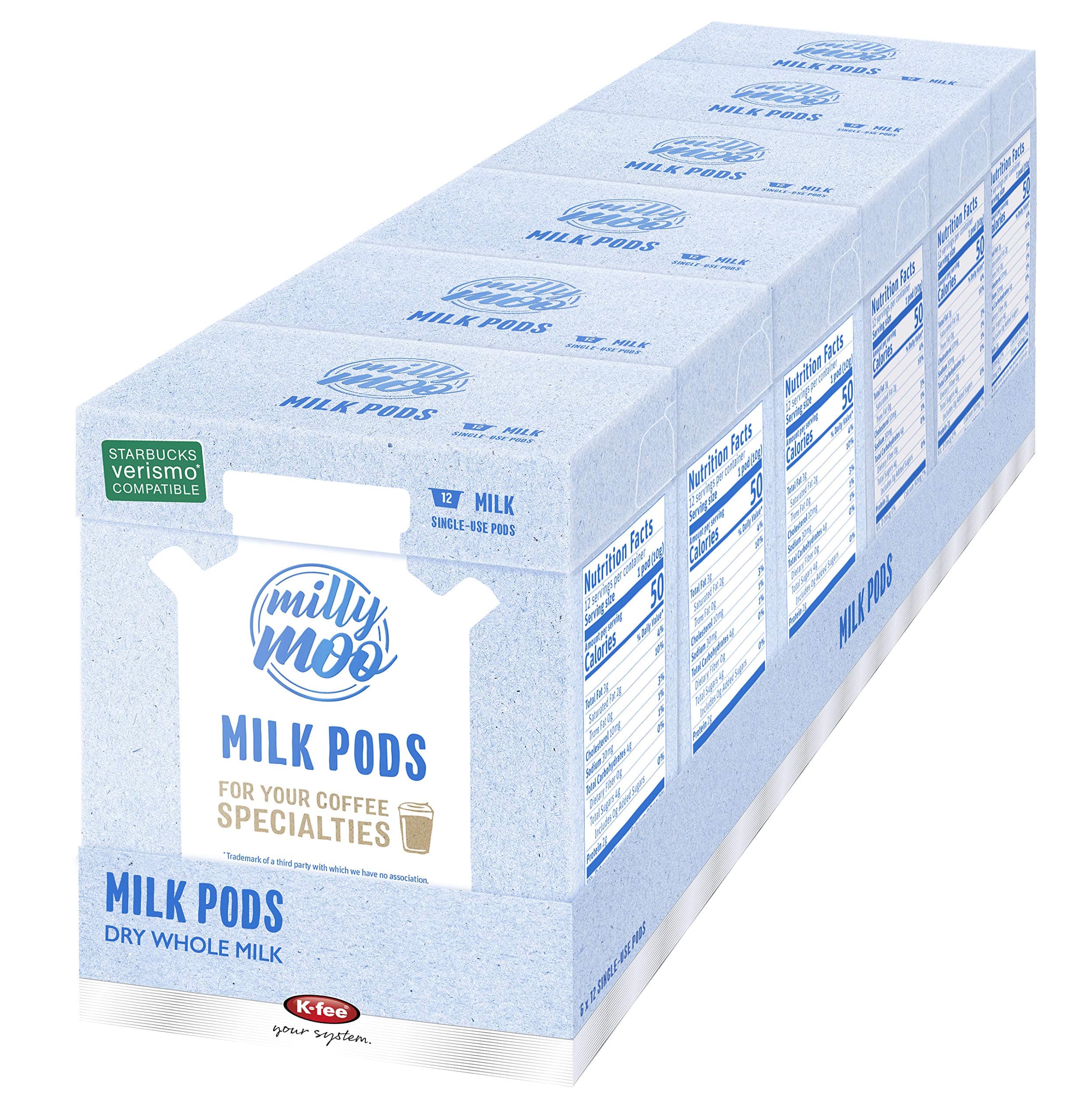 Milly Moo Single Serve Milk Pods K-fee® & Starbucks® Verismo* Compatible | 72 Count (6 boxes X 12 Pods) | Whole Milk Single Serve Pods for Lattes, Cafe Au Laits & more
