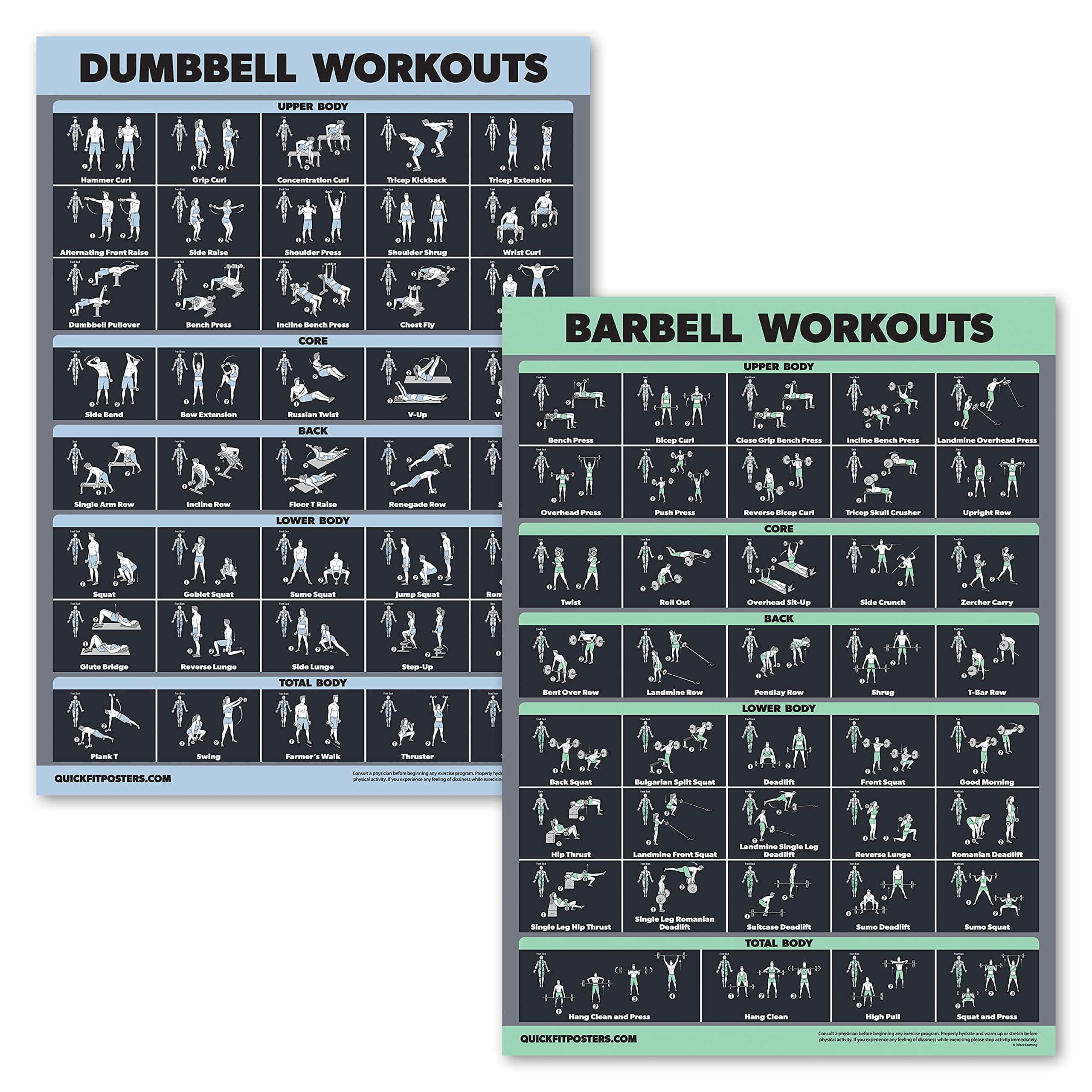 Palace Learning 2 Pack Dumbbell Workouts and Barbell Exercise Poster Set - Laminated 2 Chart Set - Dumbbell Exercise Routine & Barbell Workouts [DARK] (LAMINATED, 18” x 24”)