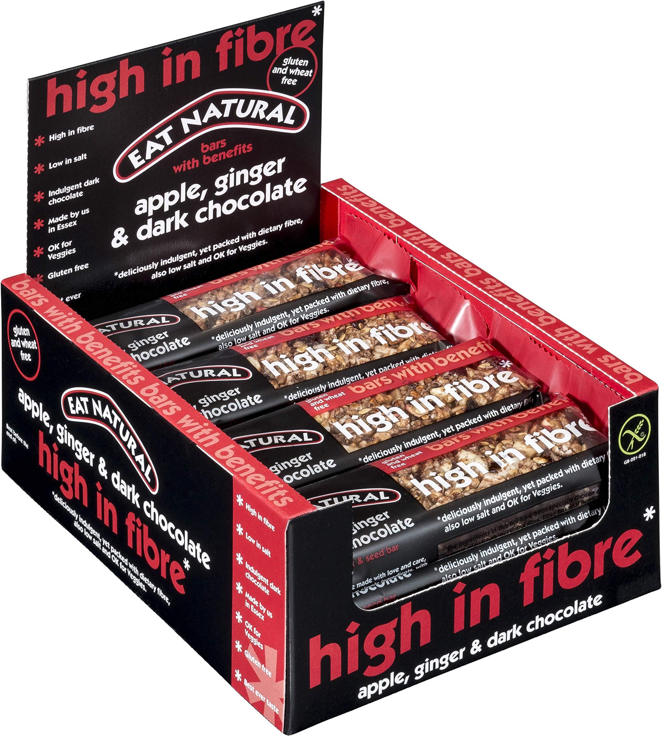 Eat Natural High Fibre Bars - Apple, Ginger & Dark Chocolate Cereal Bars - 12 Pack - Gluten-Free Snack Bars