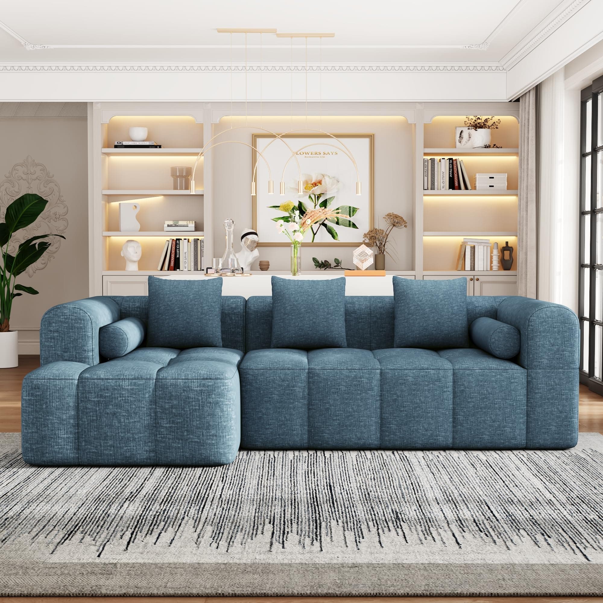 101.2" Sectional Sofa Full-Compressed Sofa Modular Sofa Couch Free-Combined with Deep Seating and Two Side Pockets for Living Room (Blue@90)
