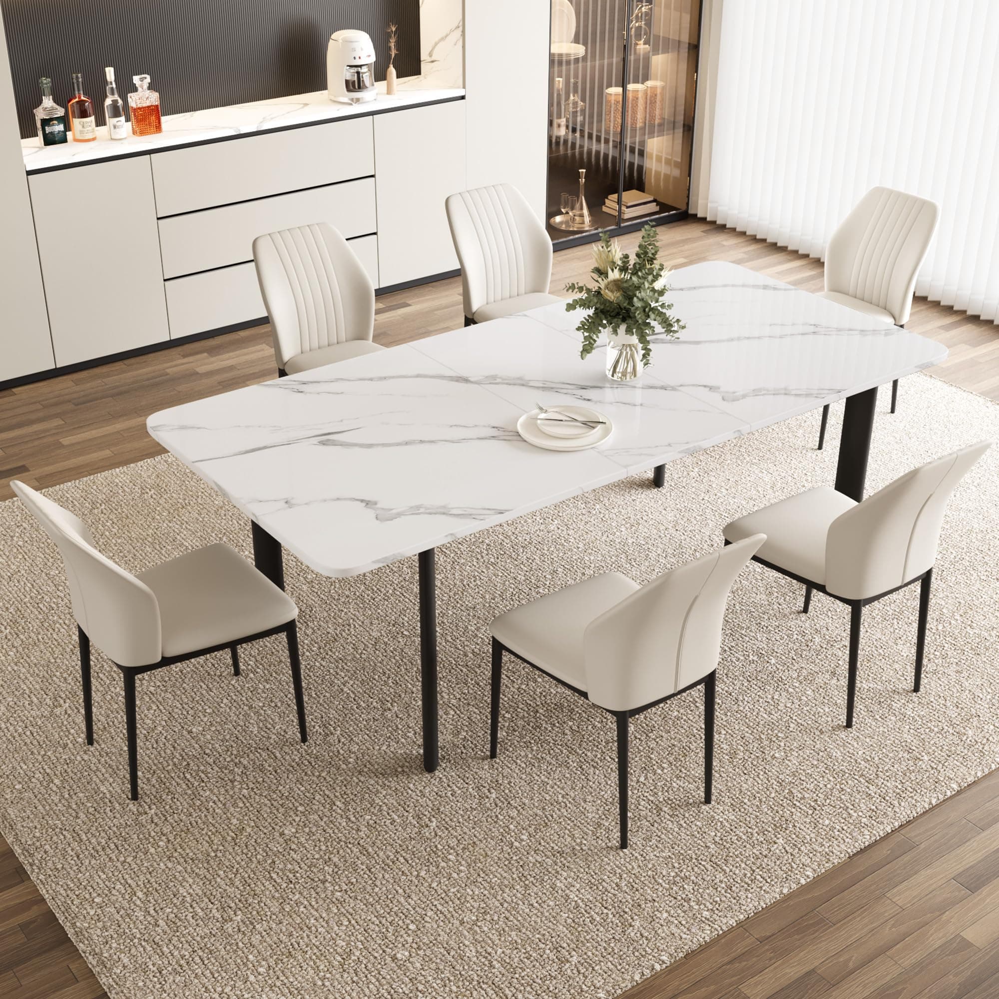 HIPIHOM Extendable Dining Table Set for 6-8 People, 63 to 78.7 Inch MDF Kitchen Table with 6 Upholstered Chairs, Space-Saving for Dining Room, Breakfast Nook(White Table & 6 White Chairs)