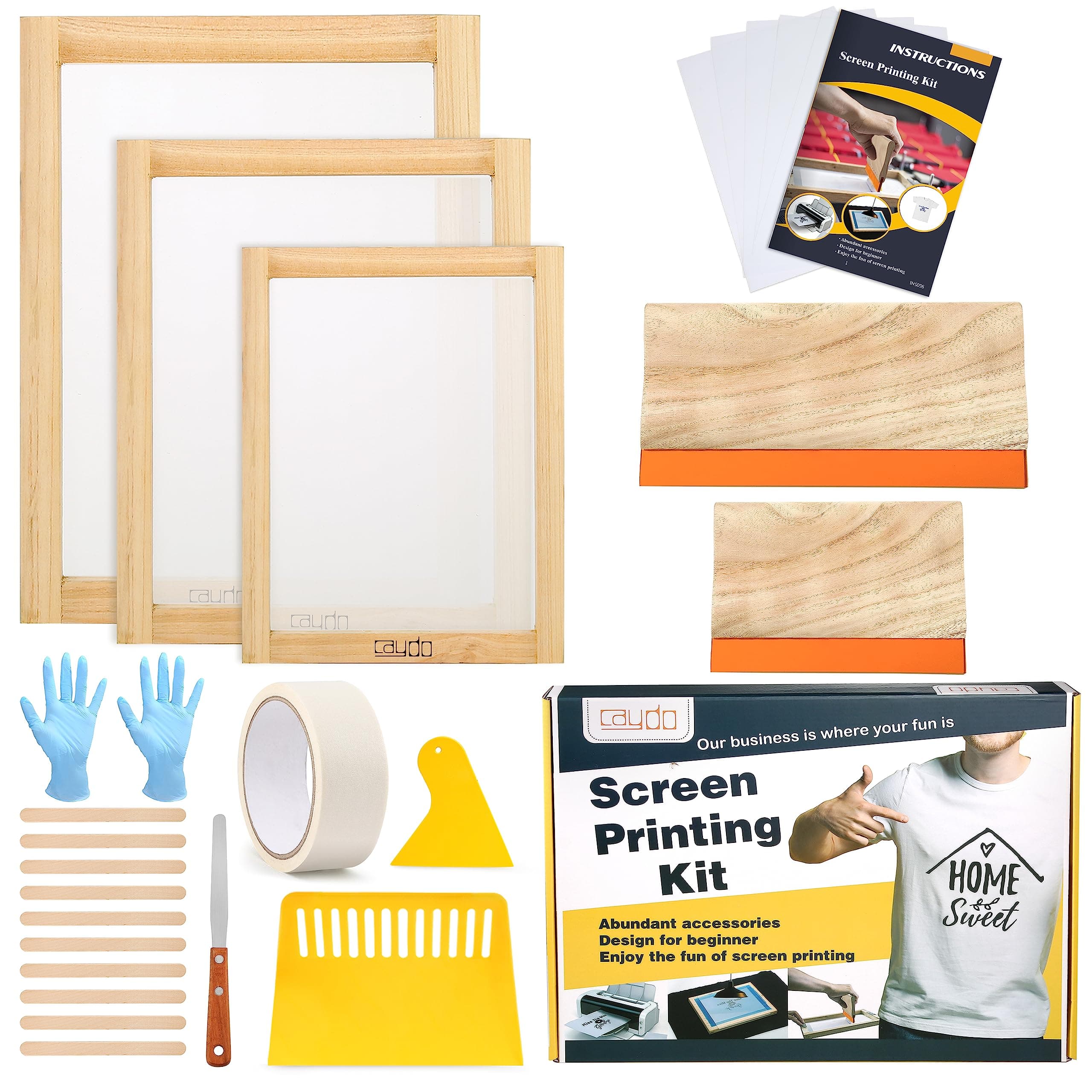 Caydo 23 Pieces Screen Printing Starter kit Include 3 Different Size of Wood Silk Screen Printing Frame with Mesh, Screen Printing Squeegees, Inkjet Transparency Film, Ink Knife, and Mask Tape