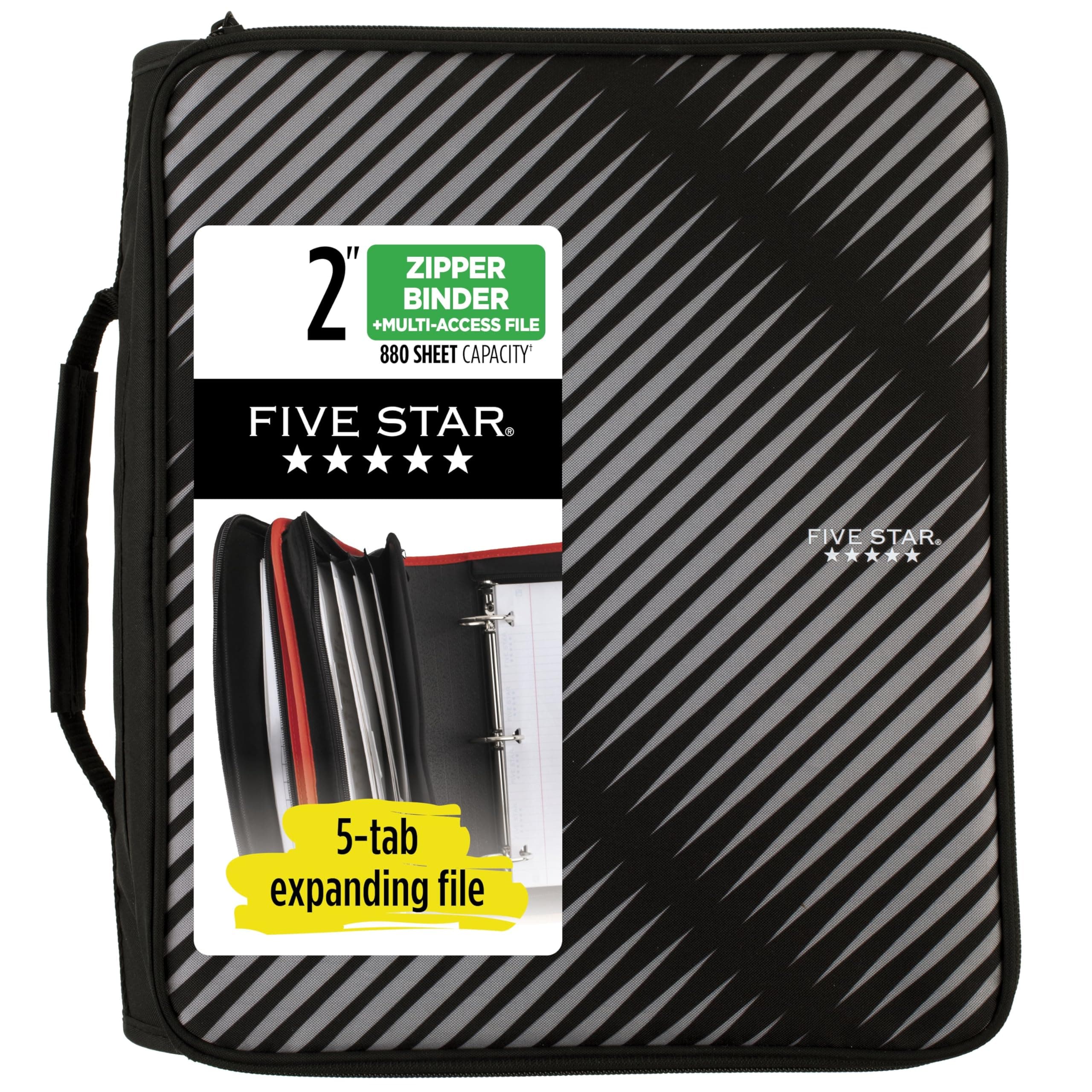 Five Star Zipper Binder, 2 Inch 3-Ring Binder with Round Rings, 5-Tab Expanding File, 380 Sheet Capacity, Black (72536).