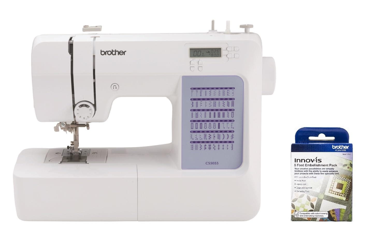 Brother CS5055 Computerized Sewing Machine, 60 Built-in Stitches, LCD Display, 7 Feet and SA5FTPKG 5 Foot Embellishment Pack Included