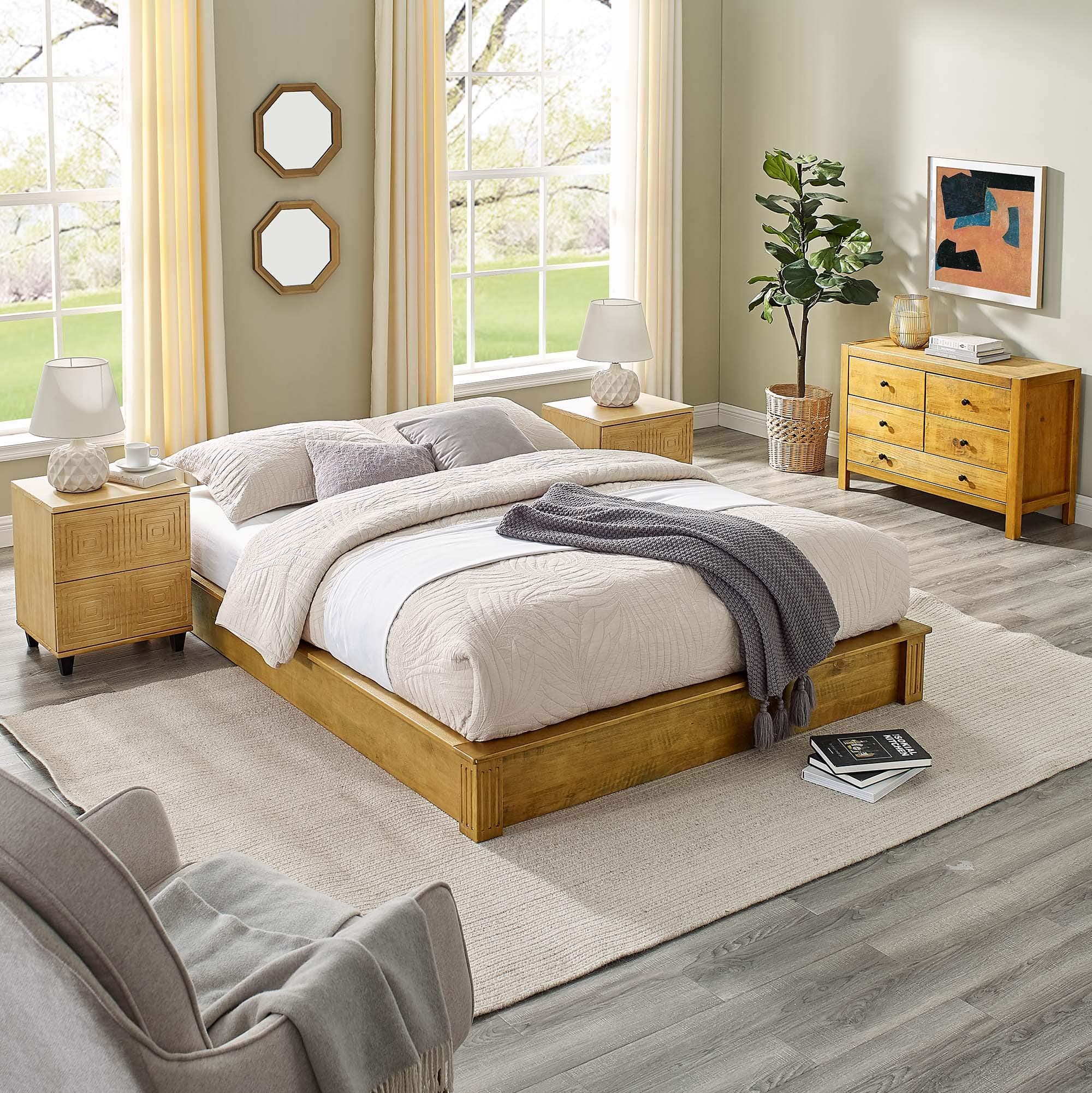 MUSEHOMEINC California Rustic Solid Wood Platform Bed Low-Profile Style with Wooden Slats Support/No Boxspring Needed,Teak Finish,King