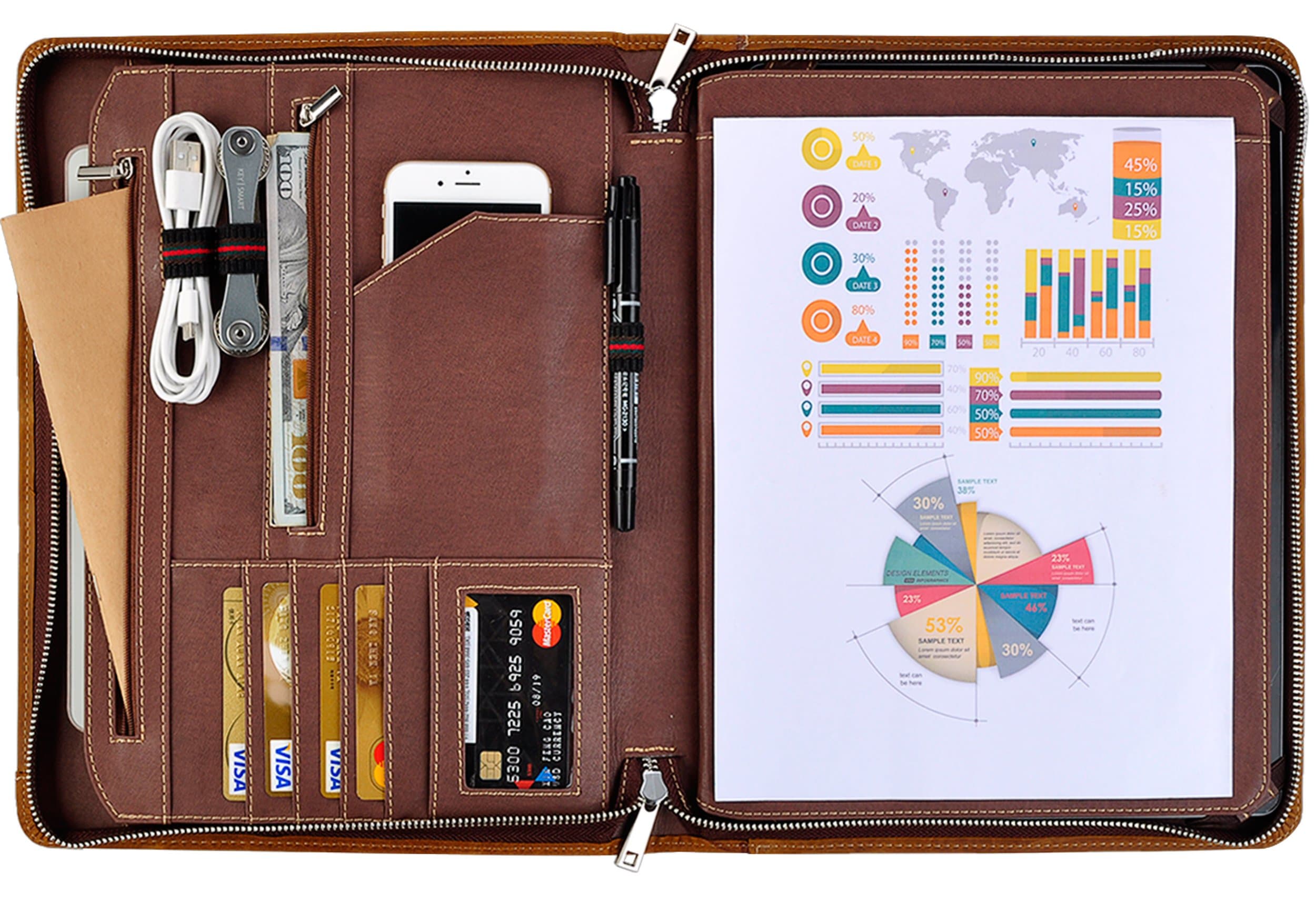 Leather Padfolio Portfolio, Leather Folder Padfolio Case for iPad Pro 12.9" (Brown)