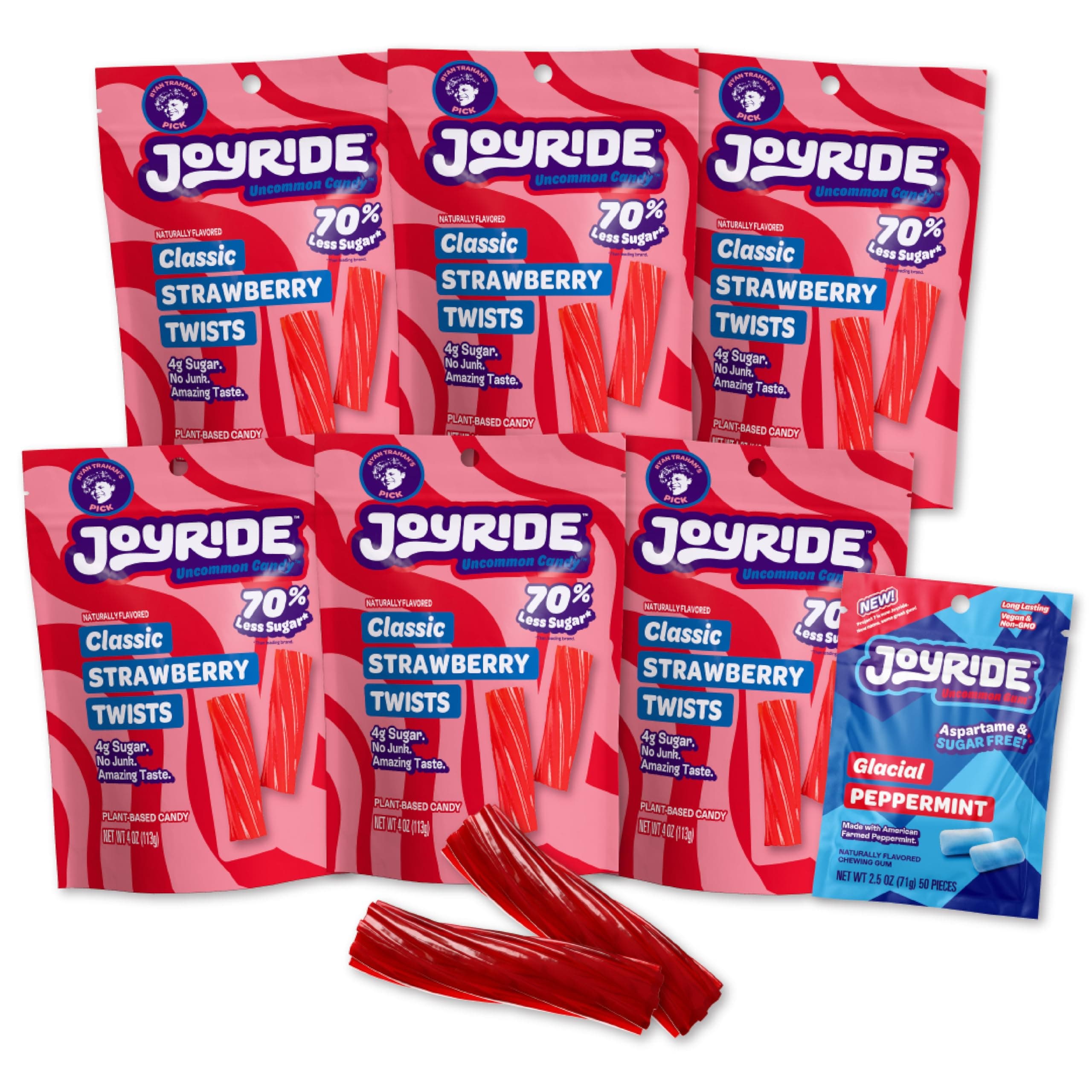JOYRIDE Classic Strawberry Twists - 4oz 6-Pack Bundle with 2.5oz Glacial Peppermint Gum, Low Sugar Strawberry Flavor, Low Calorie Snacks, Dye Free and Plant Based Candy (7 Items)