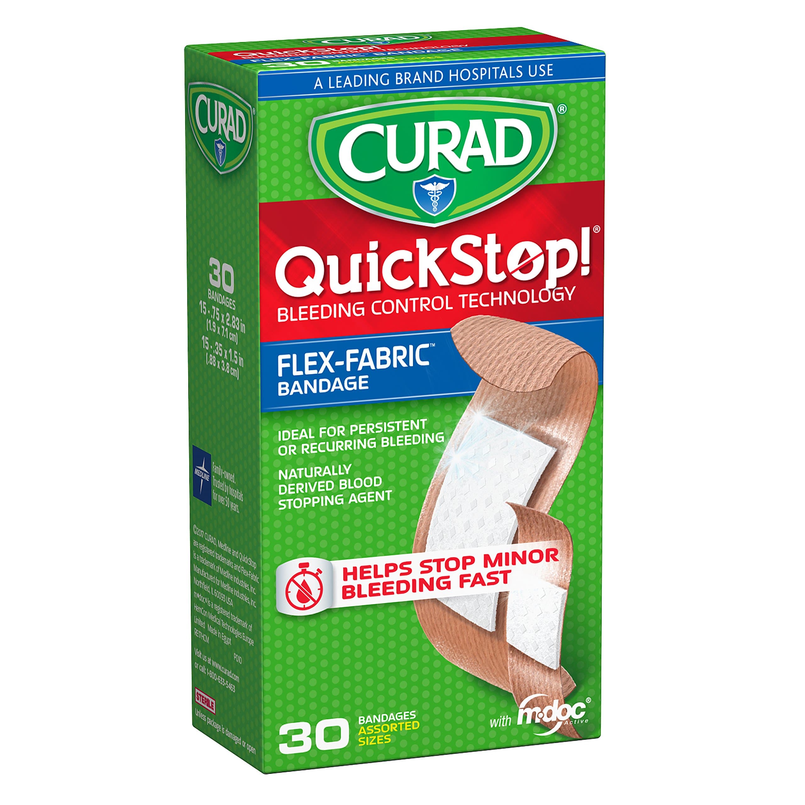 CURAD QuickStop Bleeding Control Flexible Fabric Bandages, Assorted Sizes, 30 Count
