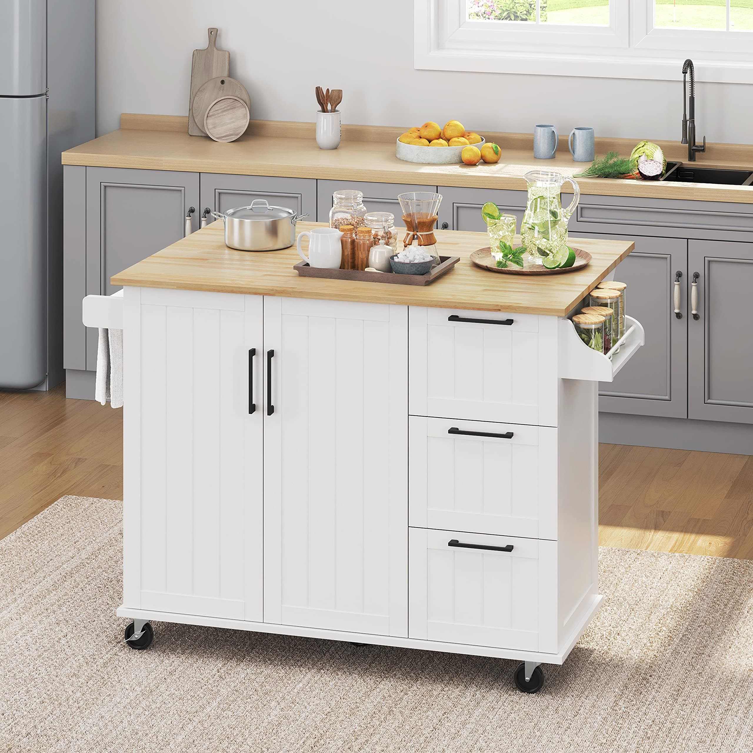 Yaheetech Kitchen Island Cart with Drop Leaf, Kitchen Breakfast Bar on 5 Universal Wheels with Storage Cabinet, Rubberwood Top, 3 Drawers, Spice Rack for Dining Room, 53W x 30D x 36H, White