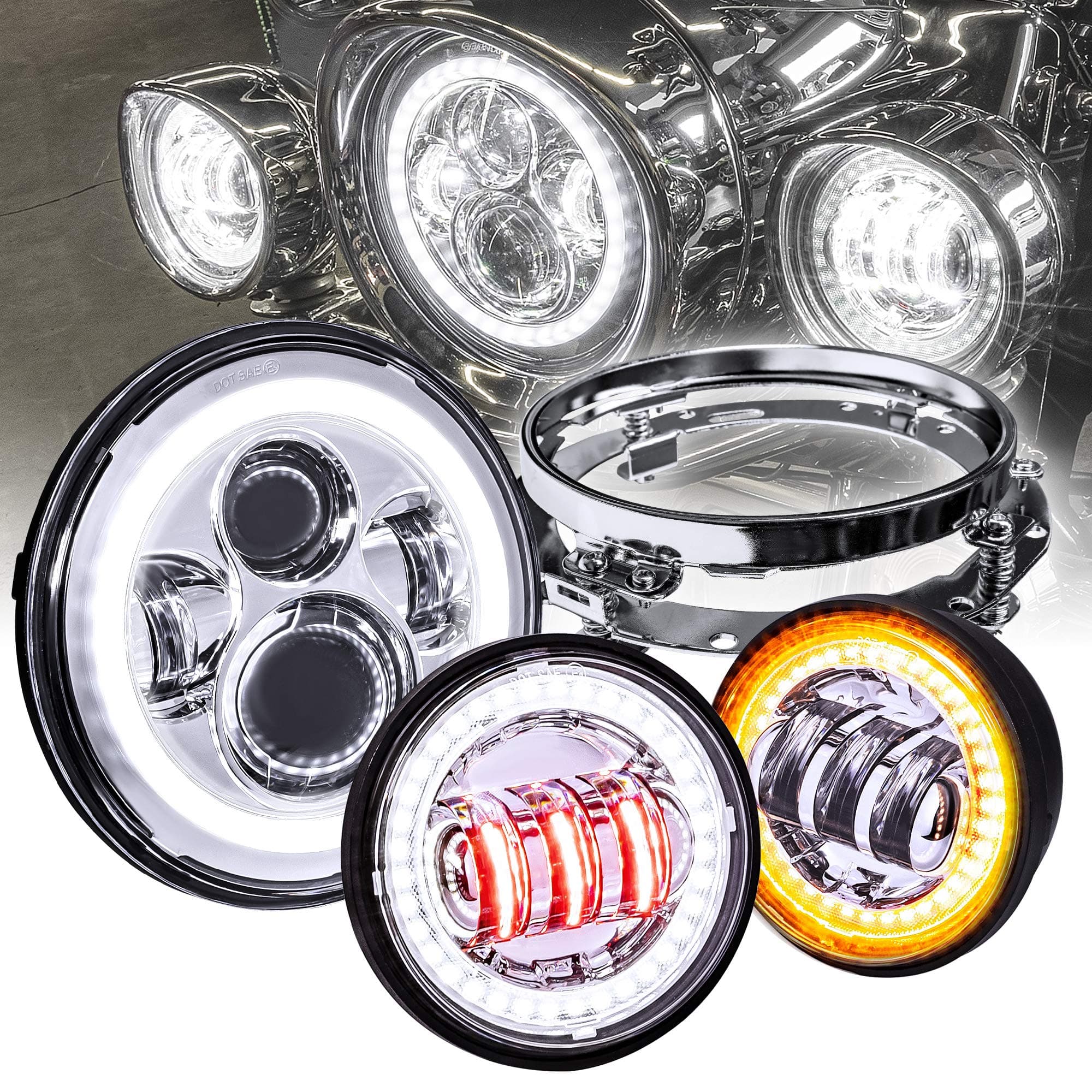 TRUE MODS 7" LED Headlight 4.5" Passing Light for Harley Davidson + Chrome Mounting Bracket [HALO DRL] H4 For Road King Electra Glide Ultra Classic Limited Heritage Softail Fat Boy Tri Street Glide