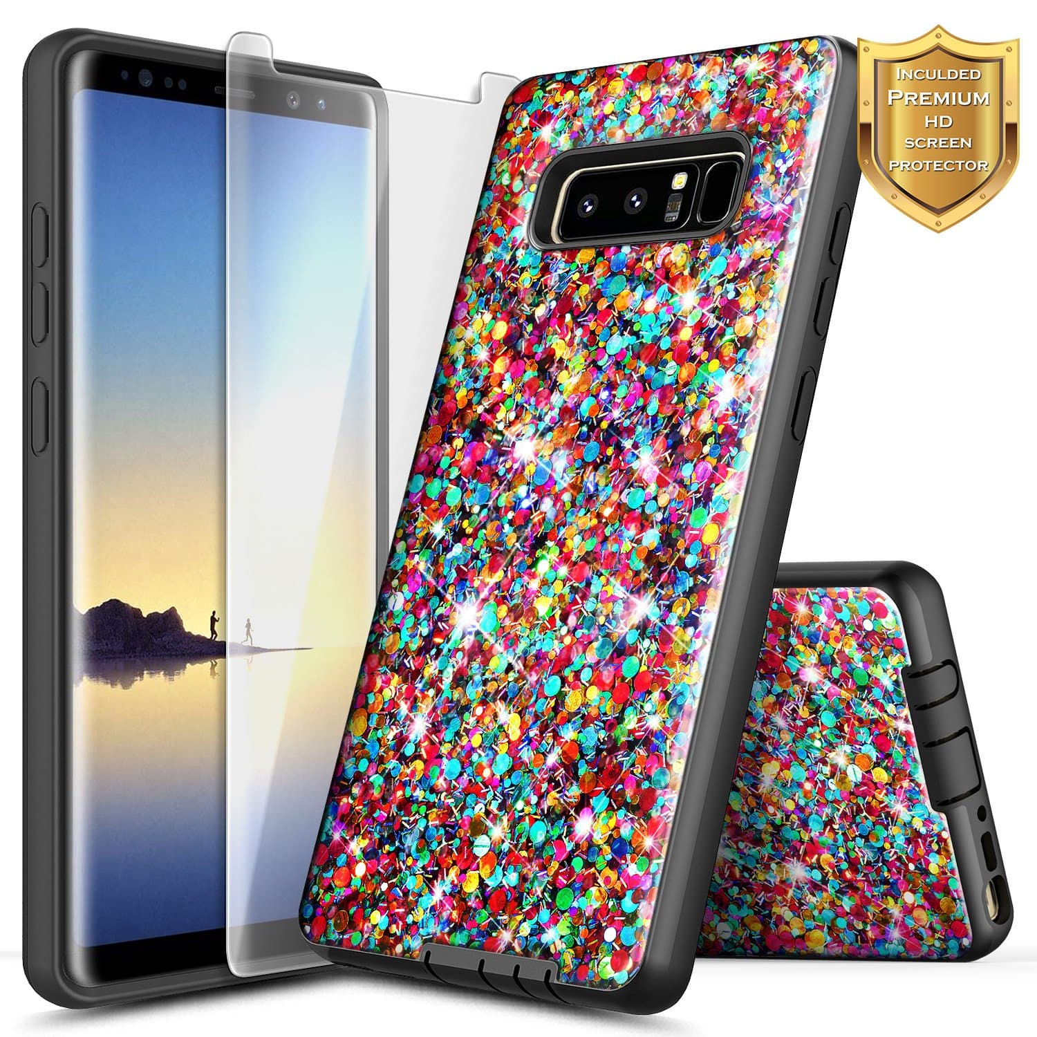 Galaxy Note 8 Case w/[Screen Protector HD Clear], NageBee Glitter Rainbow [Hybrid Protective] Heavy Duty Sparkle Luxury Shiny Bling Girls Cute for Samsung Galaxy Note 8 -Rainbow