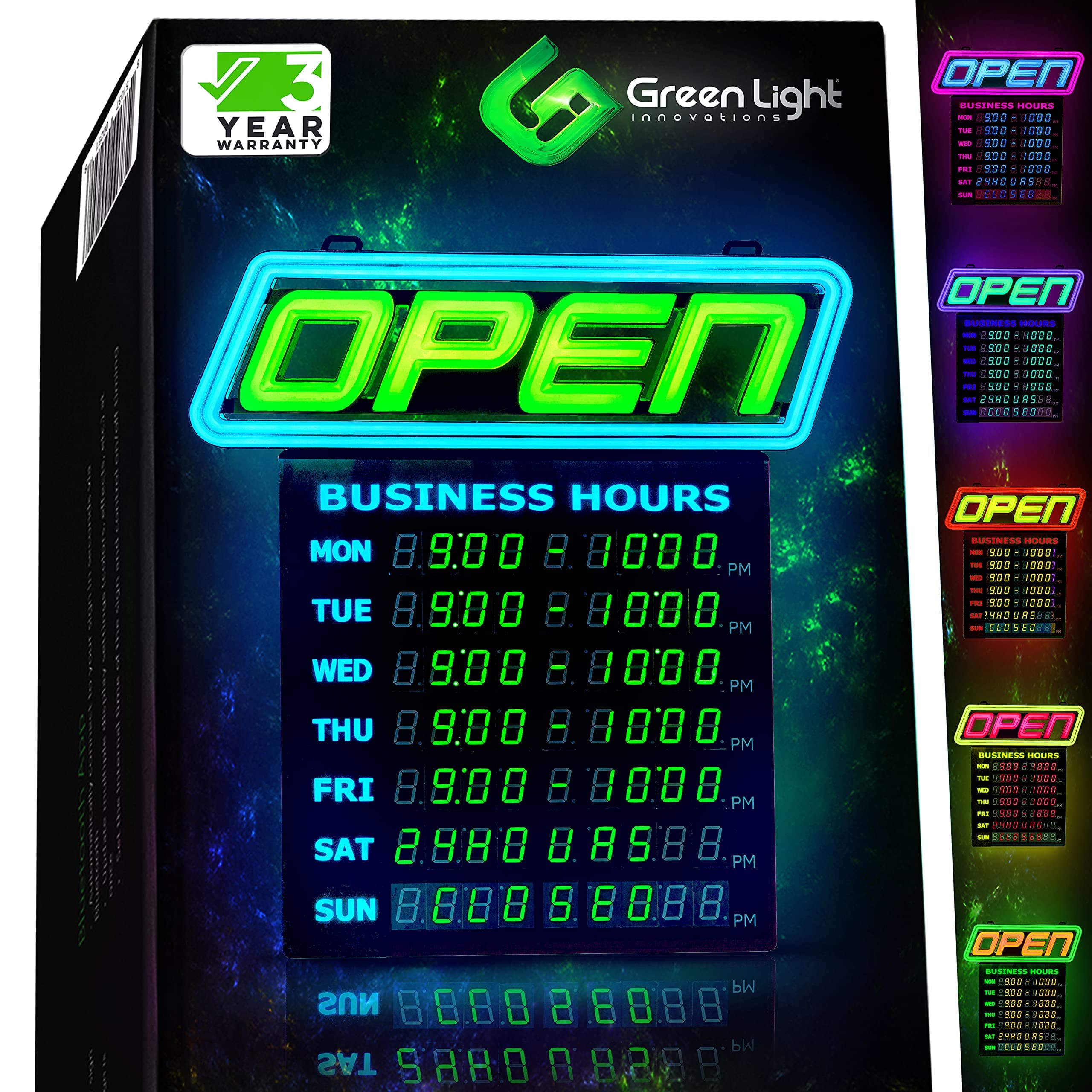 Green Light Innovations Super‑Bright LED Open Sign with Business Hours – Programmable App, 1000s of Color Combos, Neon Flash/Scroll Modes, Energy-Efficient Indoor Wall-Mount (15×16.5 in)