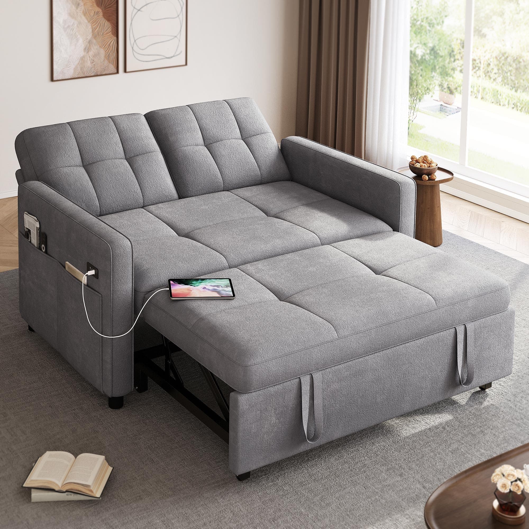 55" Convertible Sofa Bed, 3-in-1 Sleeper Sofa with Pull-Out Bed, Cat-Scratch-Proof Futon Couch with 5-Levels Reclining Backrest, USB and Side Pocket, Modern Loveseat for Living Room, Grey