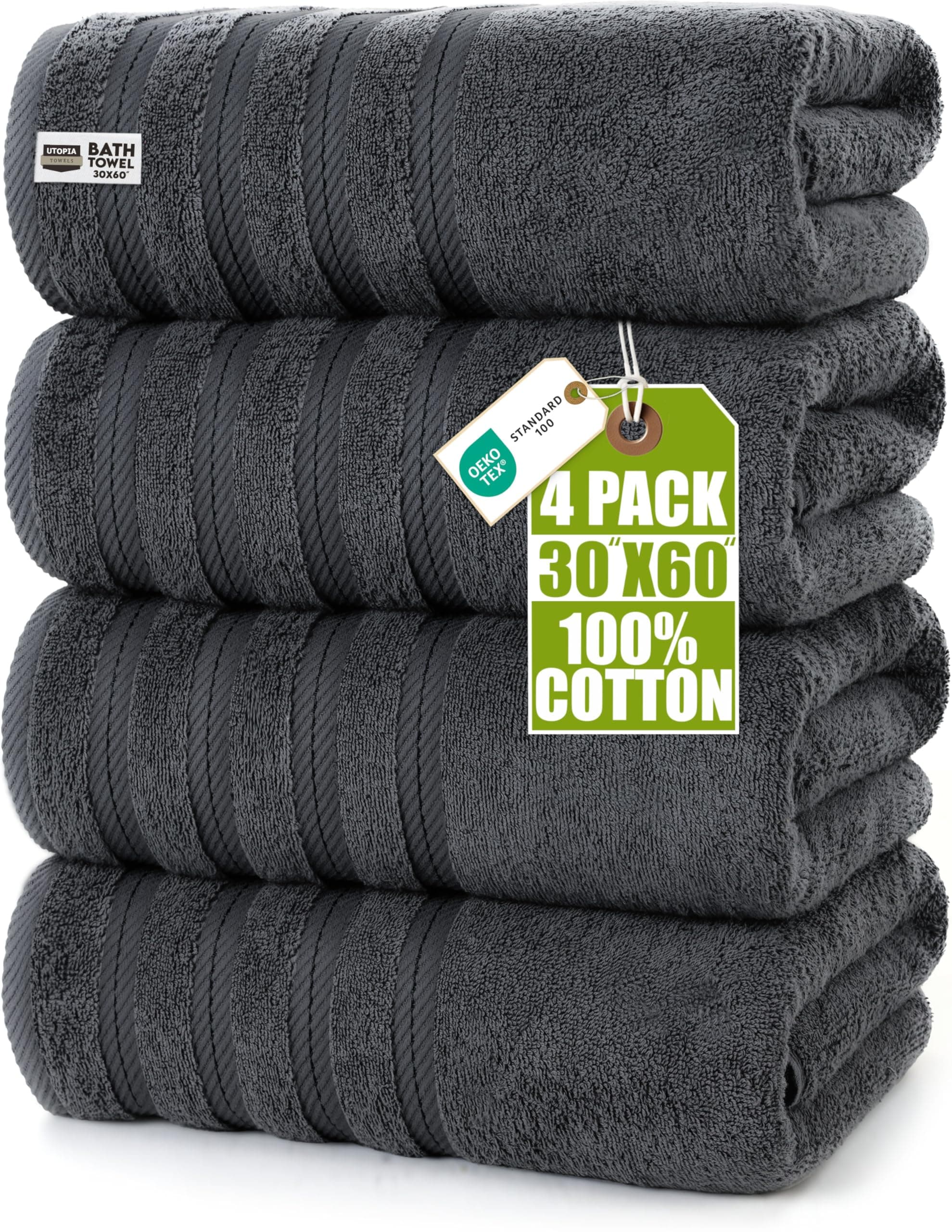 Utopia Towels 4 Pack Premium Extra Large Bath Towels Set, (30 x 60 Inches) 100% Ring Spun Cotton 500GSM, Lightweight and Highly Absorbent Quick Drying Towels, Perfect for Daily Use (Grey)