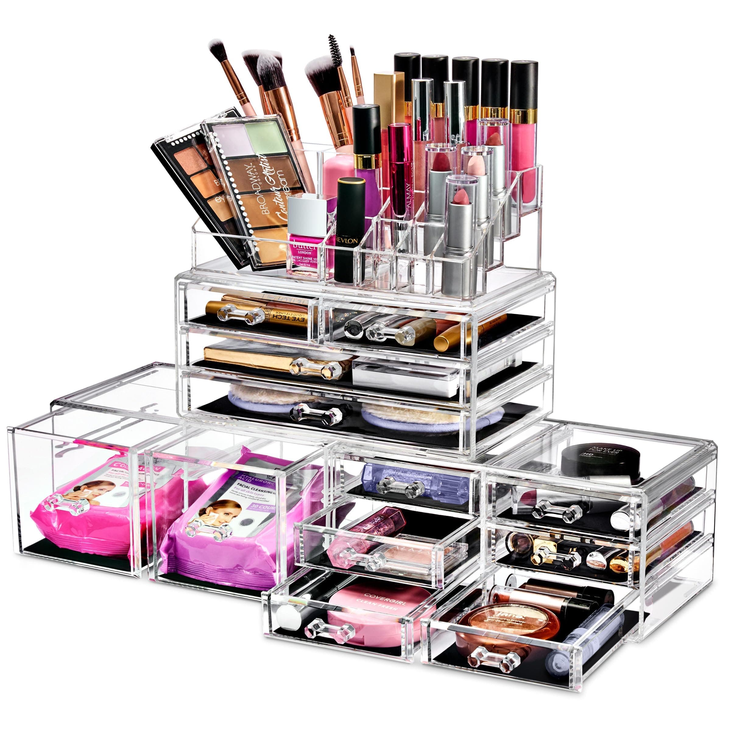 Large Makeup Organizer - Clear Stackable Jewelry Makeup Organizer for Vanity, Bathroom Storage Display Case - 12 Drawers Cosmetic Beauty Organizers and Storage with Lipstick Makeup Brush Holder