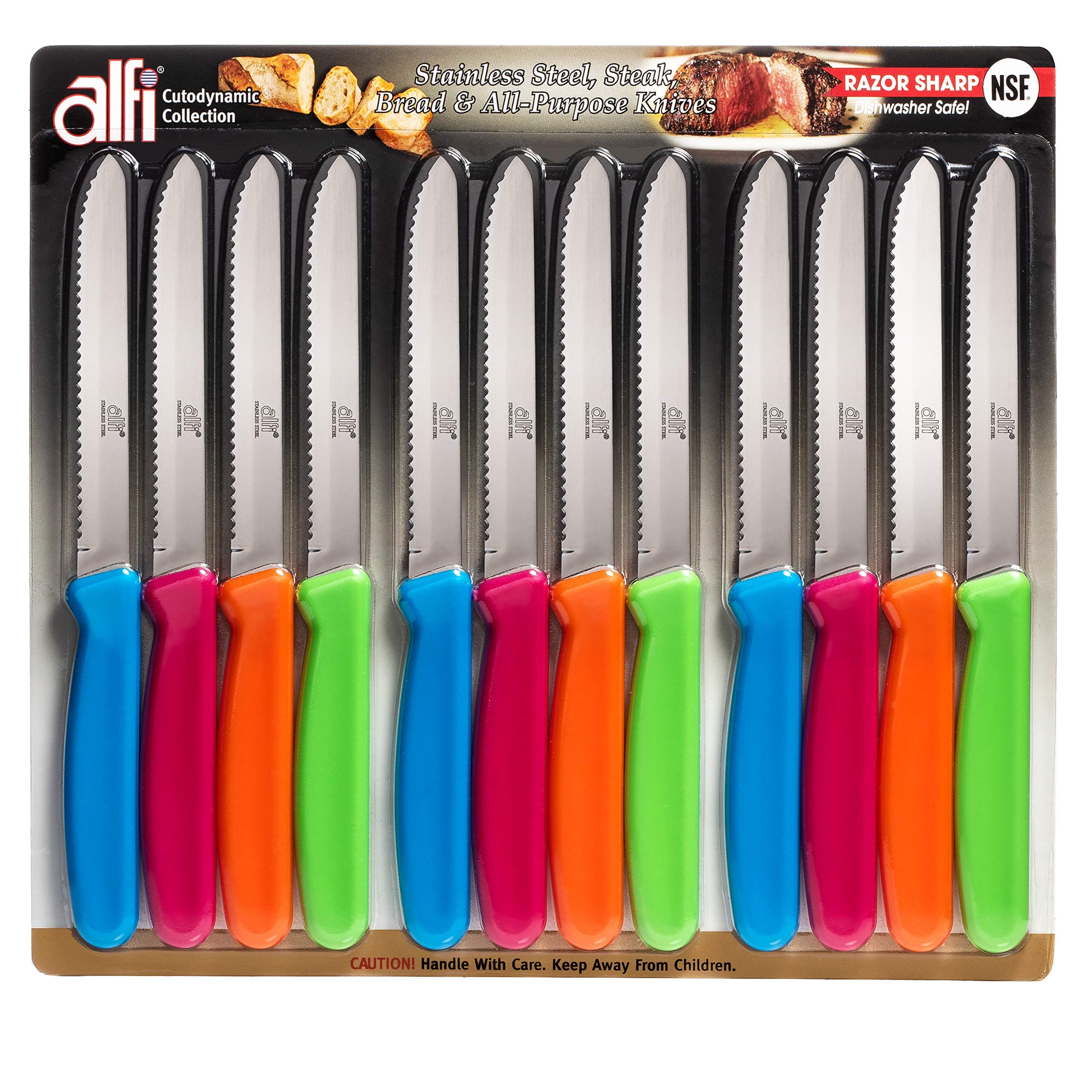 All-Purpose Knives Aerospace Precision Rounded Tip - Home And Kitchen Supplies - Serrated Steak Knives Set | Made in USA (Multi-Color, 12 Pack)