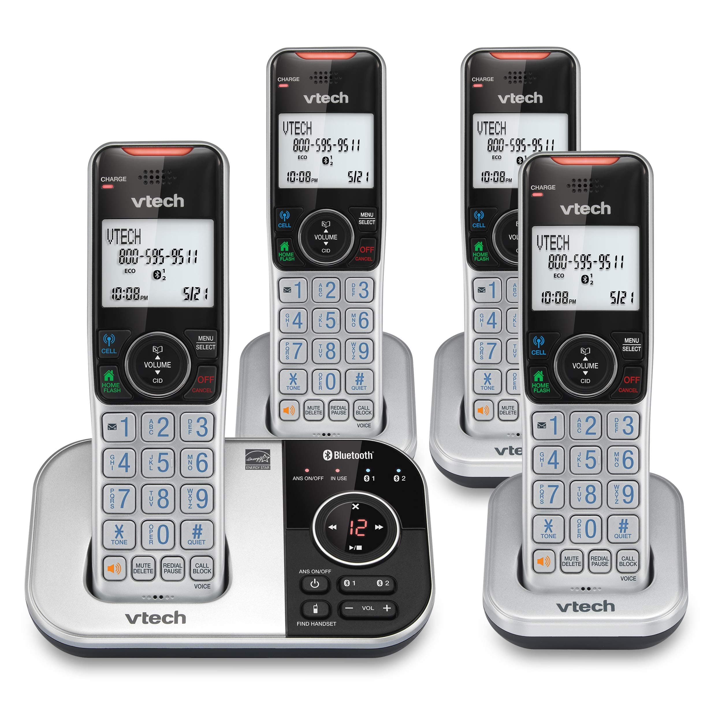 VTech VS112-4 DECT Bluetooth 4 Handset Cordless Phone for Home with Answering Machine, Call Blocking, Caller ID, Intercom and Connect to Cell (Silver & Black)
