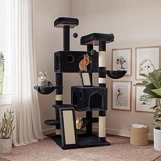 SHA CERLIN 65in Larger Cat Tree Tower Condo for Indoor Kitties/Multi-Level Furniture Activity Center with Wide Base/Cozy Plush Cat Perches/Baskets/Sisal Scratching Posts and Hammock/Dark Grey