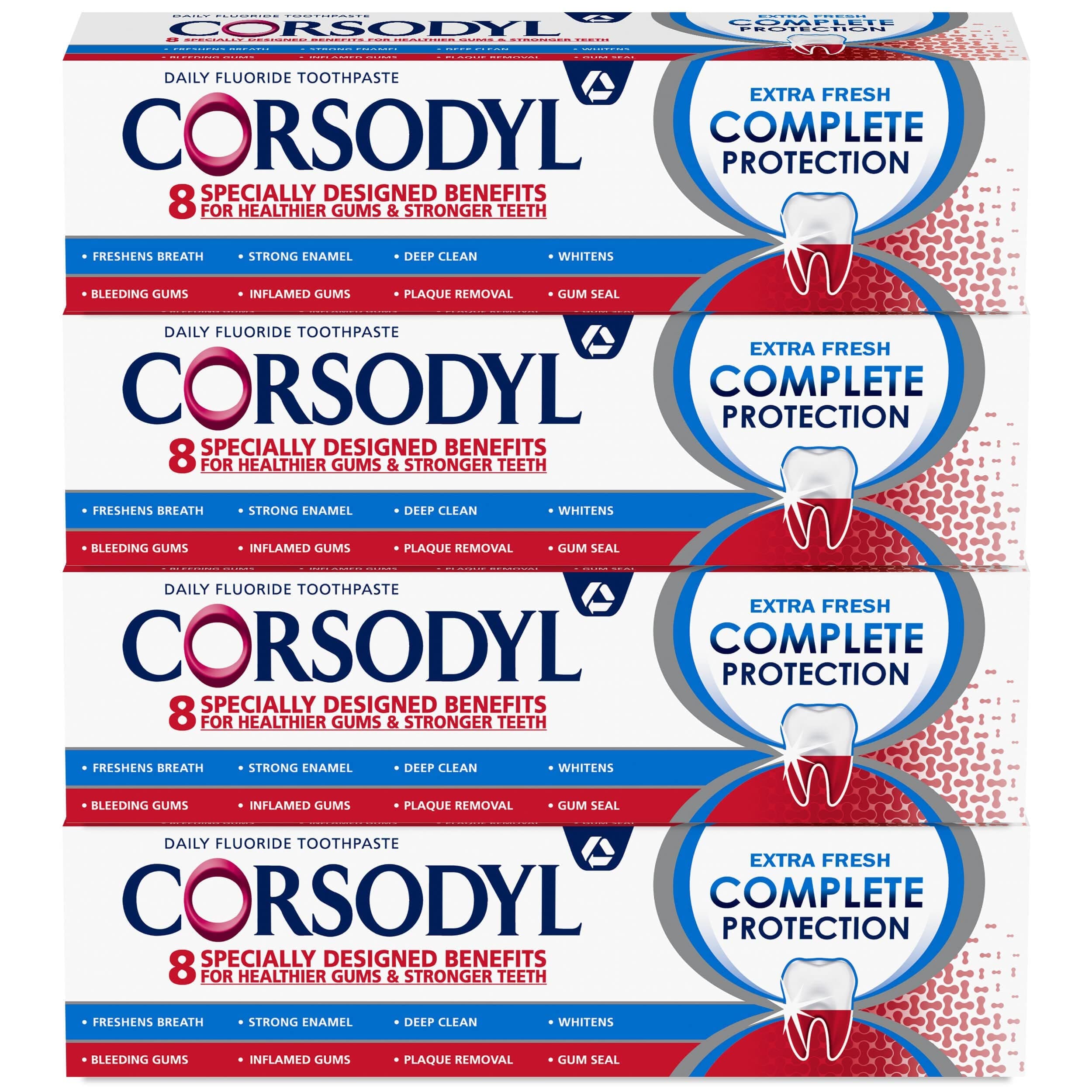 Corsodyl Complete Protection Toothpaste, Extra Fresh, Gum care, Fluoride Toothpaste, 4x75ml