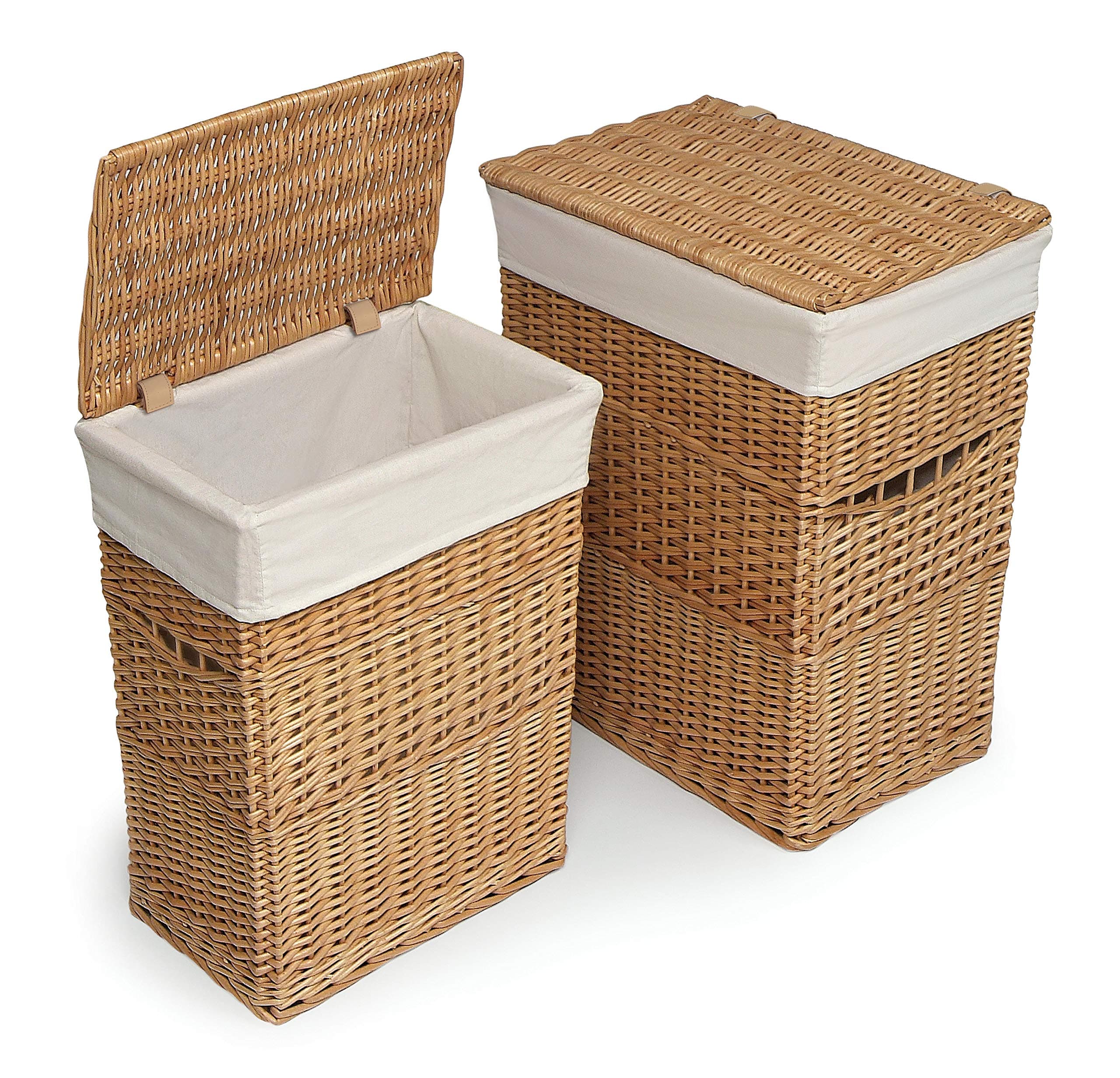 Wicker Two Laundry Hamper Set with Lids and Fabric Liners