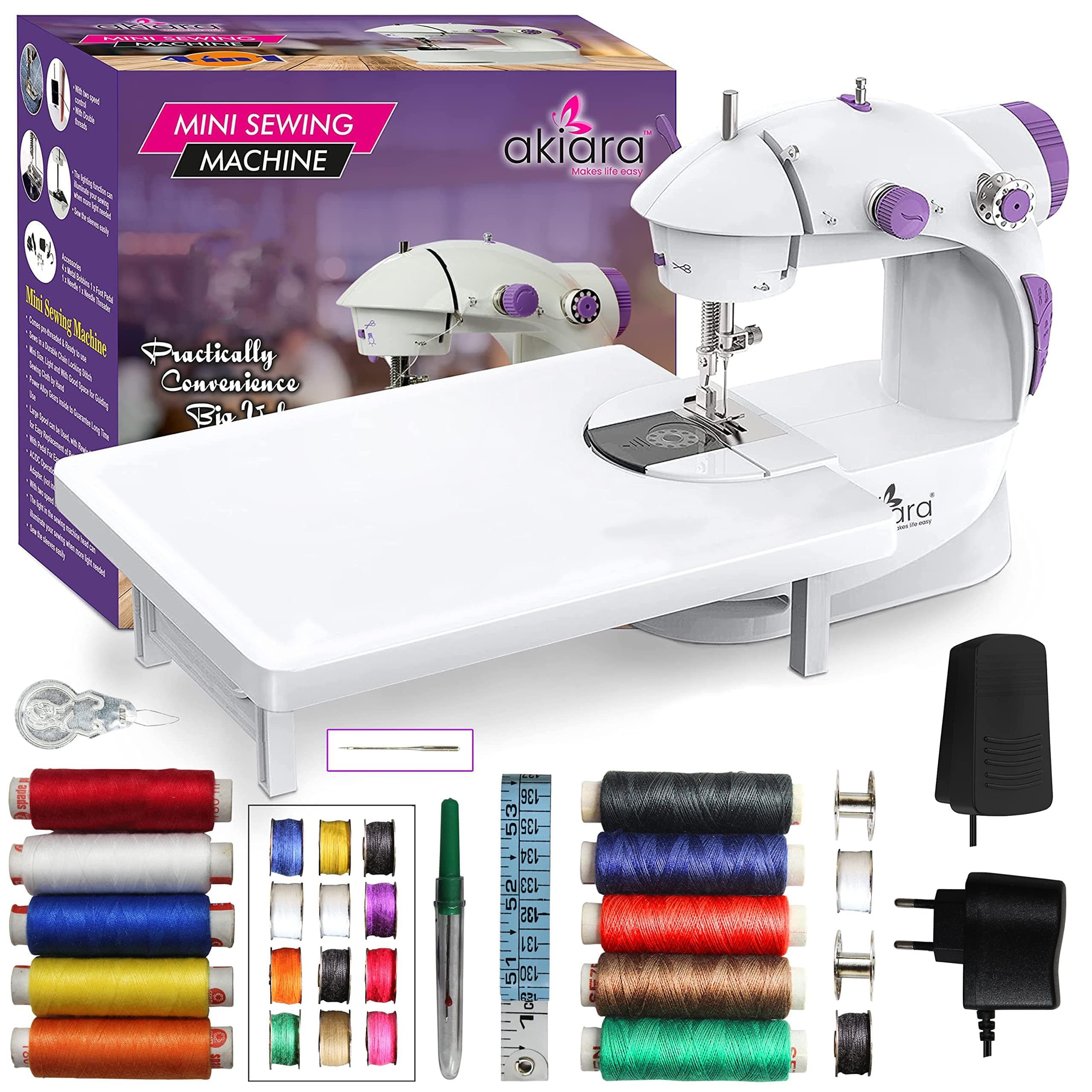 Akiara - Makes life easy Mini Sewing Machine with Table Set | Tailoring Machine | Hand Sewing Machine with extension table, foot pedal, adapter, White (With kit 2)