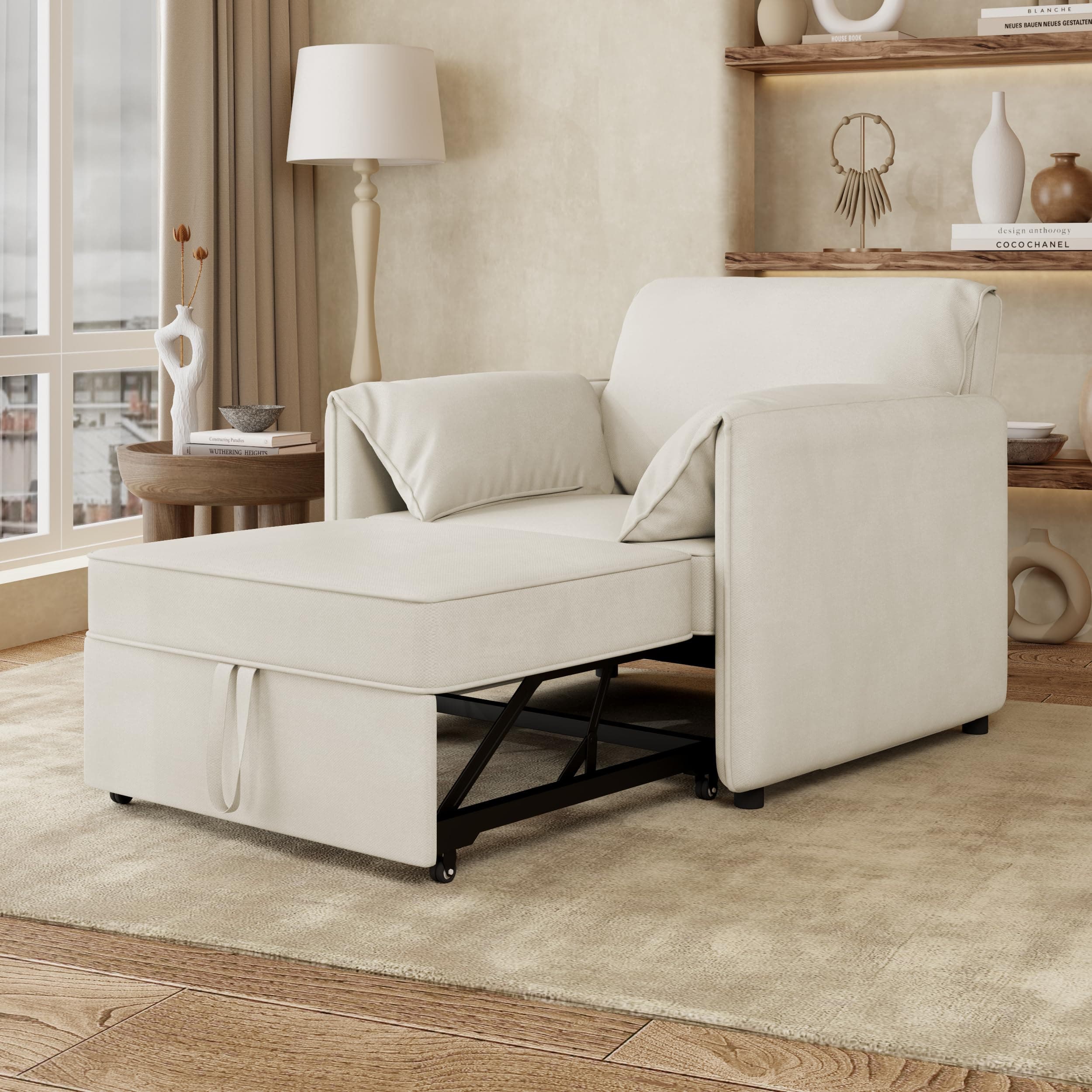 3-in-1 Convertible Sleeper Chair Sofa Bed, Pull-Out Adjustable Backrest with Thick Cushions, Multi-Functional Linen Armchair for Living Room, Bedroom, Office – White (Modern, White)