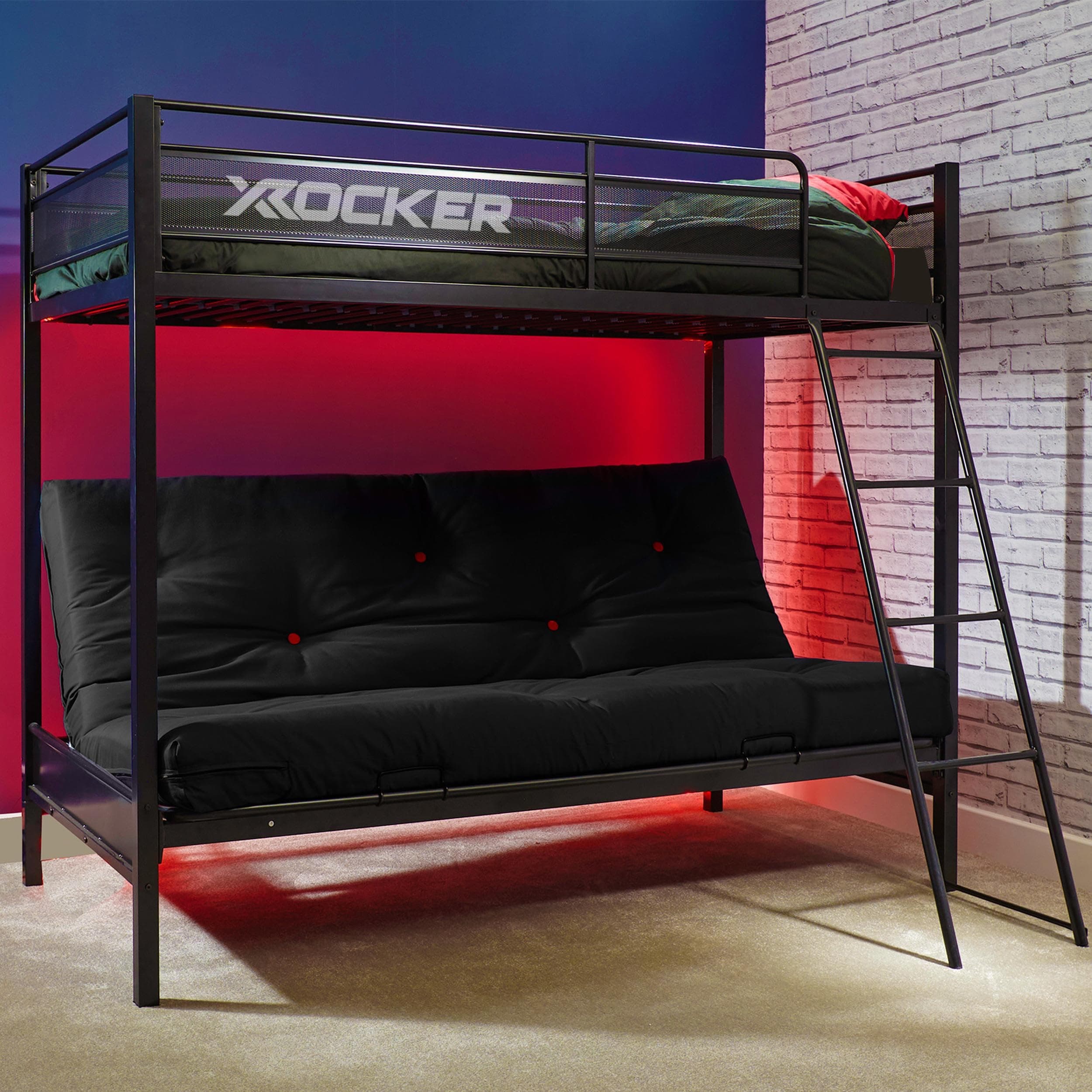 X-Rocker Stronghold 3ft Single & 4ft6 Double, High Sleeper Bunk Bed - Sleeps 3, Futon Sofa, Fixed Ladder, Sturdy Metal Frame for Kids & Teens - Black - 90x190cm