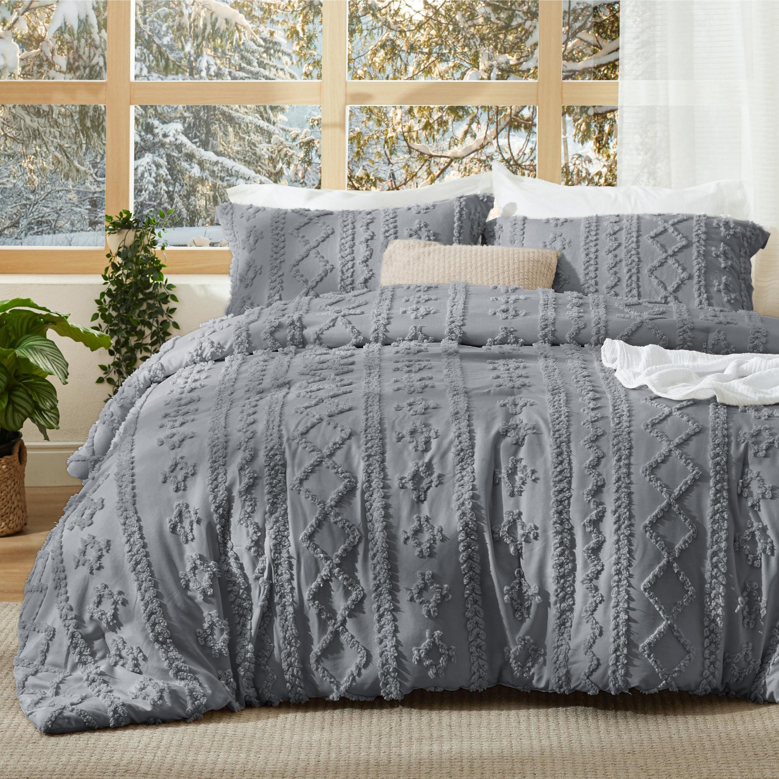 Bedsure Tufted Boho Comforter Set King - Grey Boho Bedding Comforter Set, 3 Pieces Farmhouse Shabby Chic Embroidery Bed Set, Gifts for Woman, Soft Jacquard Comforter for All Seasons