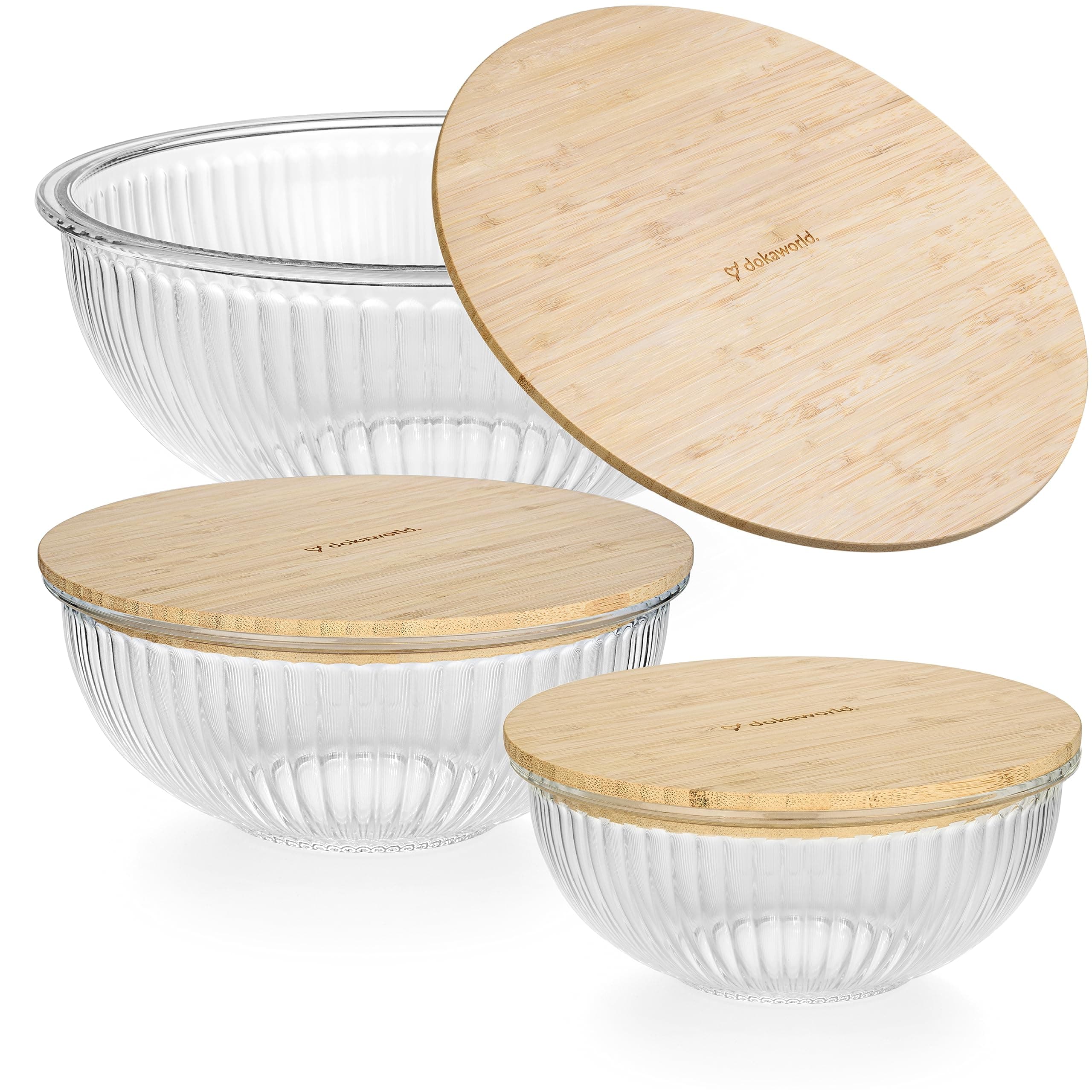 Stackable Space-Saving Nesting Set of 3 Glass Bowls with Bamboo Lids for Foodprep, Storage, Mixing & Cooking - Microwave & Oven Safe BPA Free Durable Heat Resistant Inert Borosilicate Glass