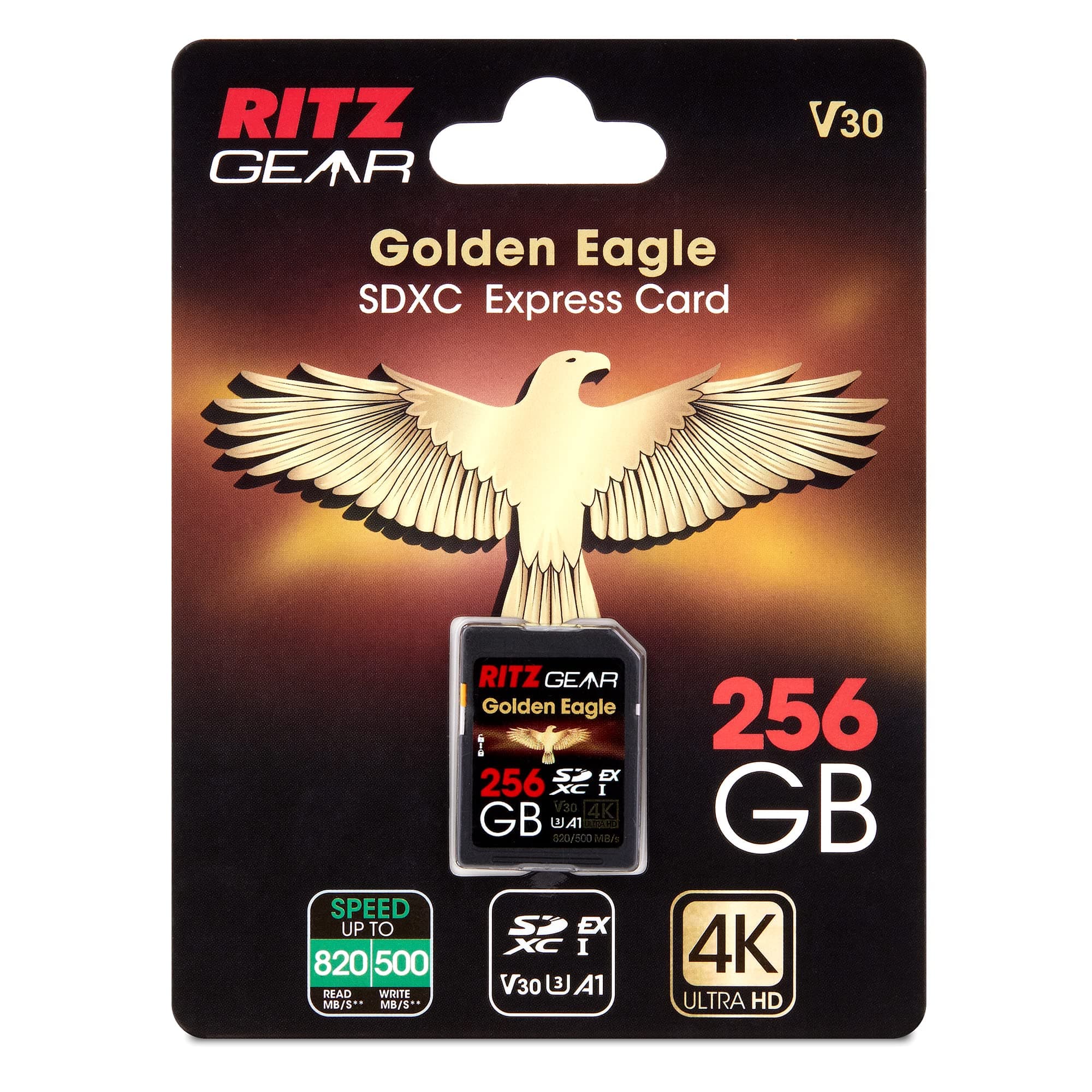 SDExpress Golden Eagle SDXC Express SD Card 256GB | SD 7.0 V30 A1 820/500 Mb/S Read/Write, Backwards Compatible, 3D, RAW, Burst Mode, 4K UHD Video |Extreme Speed|SDExpress-Reader Included