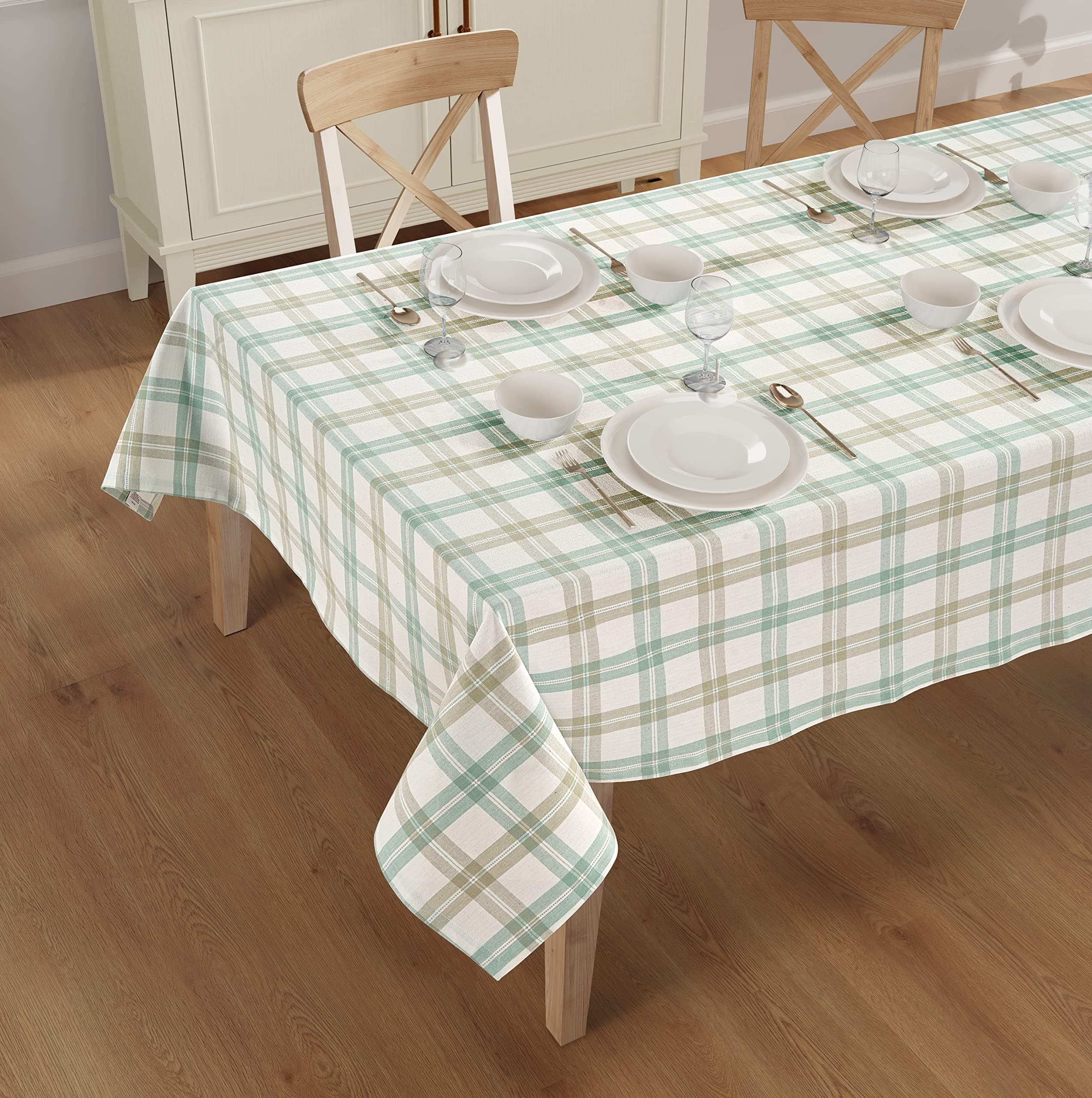 Rectangle Table Cloth - Table Cover - Cotton Mitered Stitched - Checks Table Covers for Kitchen Dining, Wedding, Decorations, & Parties - 60x104 in - Mint Window