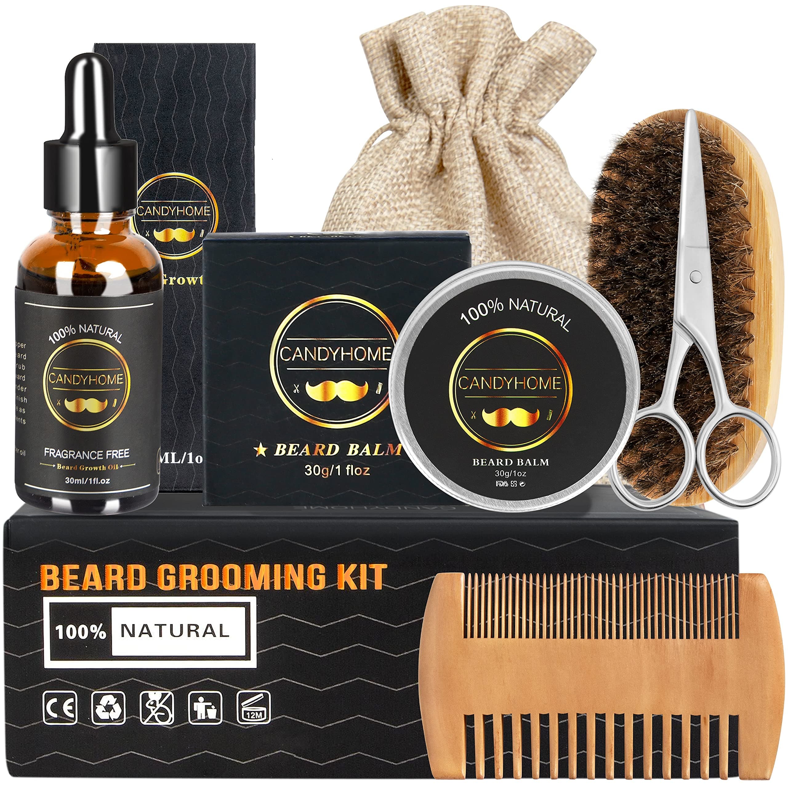 Beard Growth Kit- Beard Care Kit with Beard Brush Beard Oil Beard Comb Beard Balm and Scissor Valentine's Day Gifts for Him Men Dad Brother Husband - 100% Pure and Organic Beard Gromming Kit