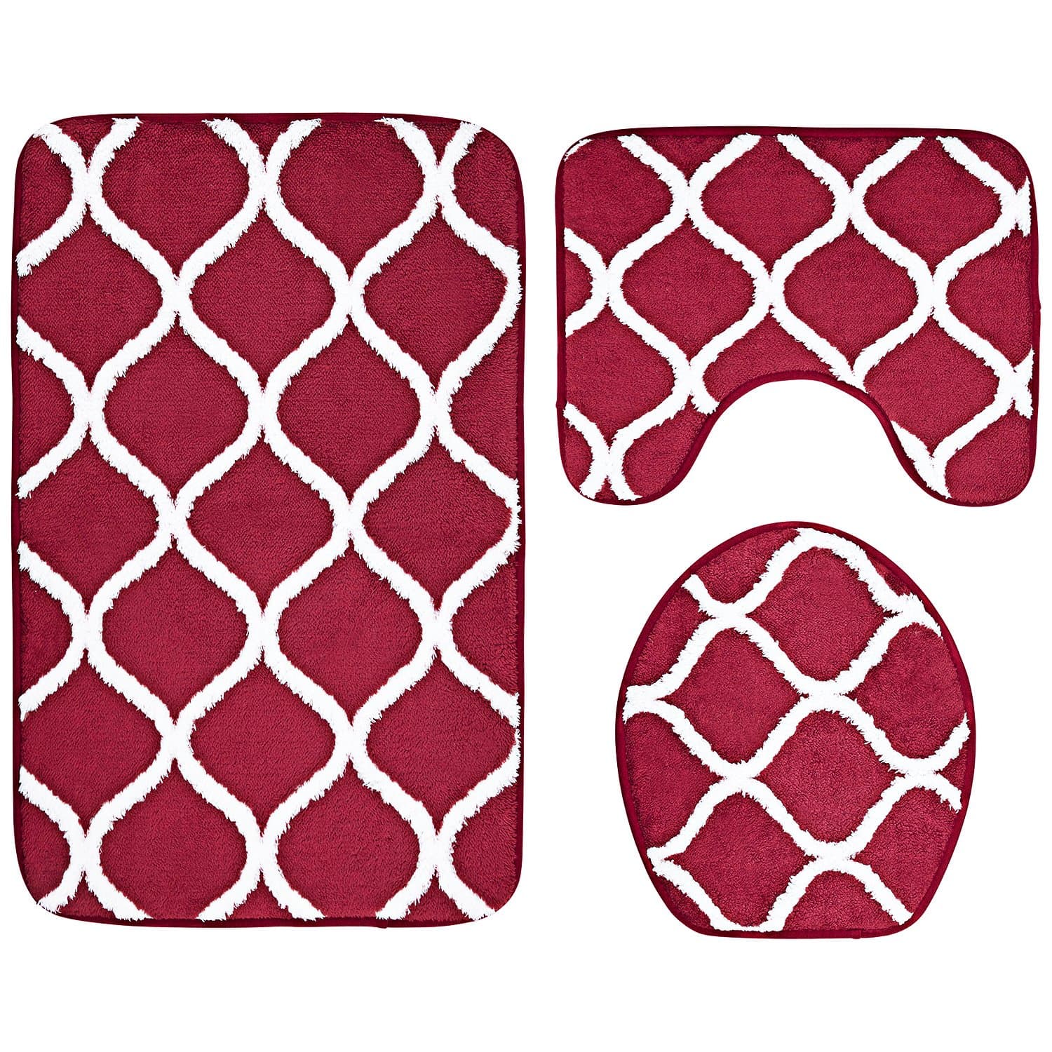 3-Piece Bathroom Mat Set, Extra Soft Memory Foam Combo - Rug, Contour Mat and Lid Cover (Red)