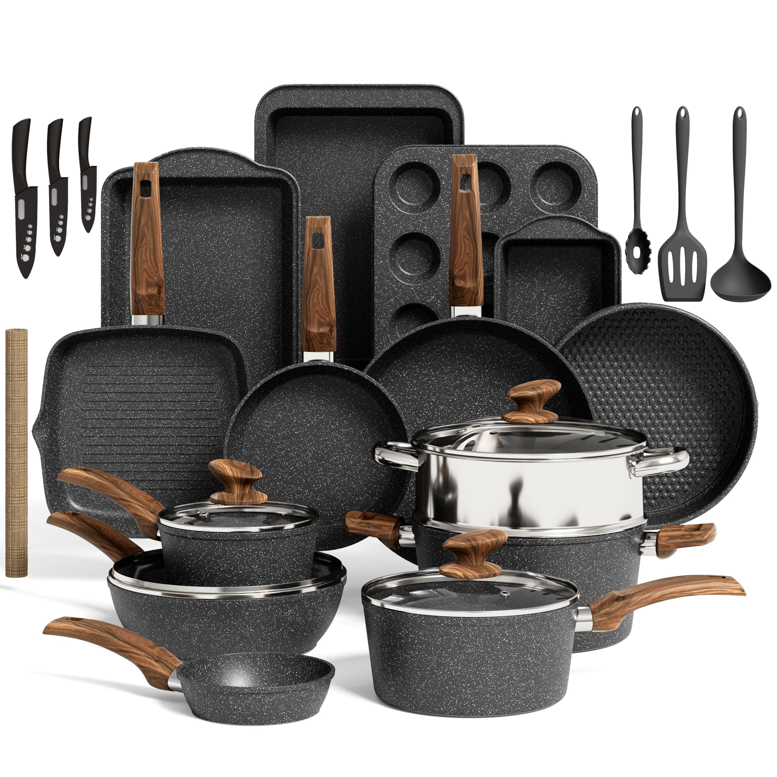 Kitchen Academy Bakeware and Cookware Set - 30 Piece Induction Hob Pans and Pots Set Non Stick, Black Granite Cooking Saucepan Set PFOA & PFOS Free