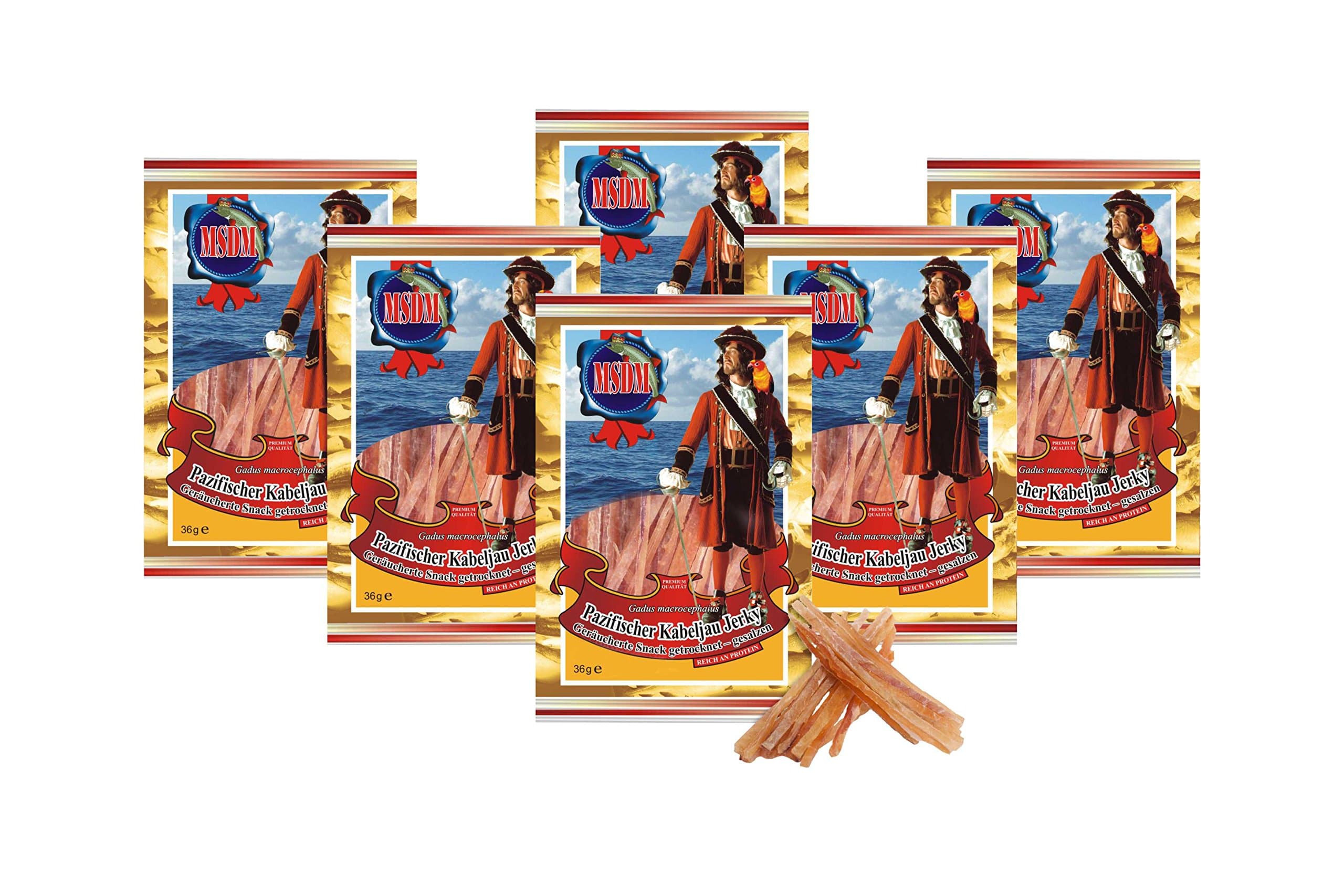 Pacific Cod Fish Jerky - Smoked (6 x 36g Pack) Dried and Salted I Healthy Pre & Post Workout Fitness Snack I Low Carb I Low Fat I Rich in Protein & Omega 3 Fatty acids for Men & Women