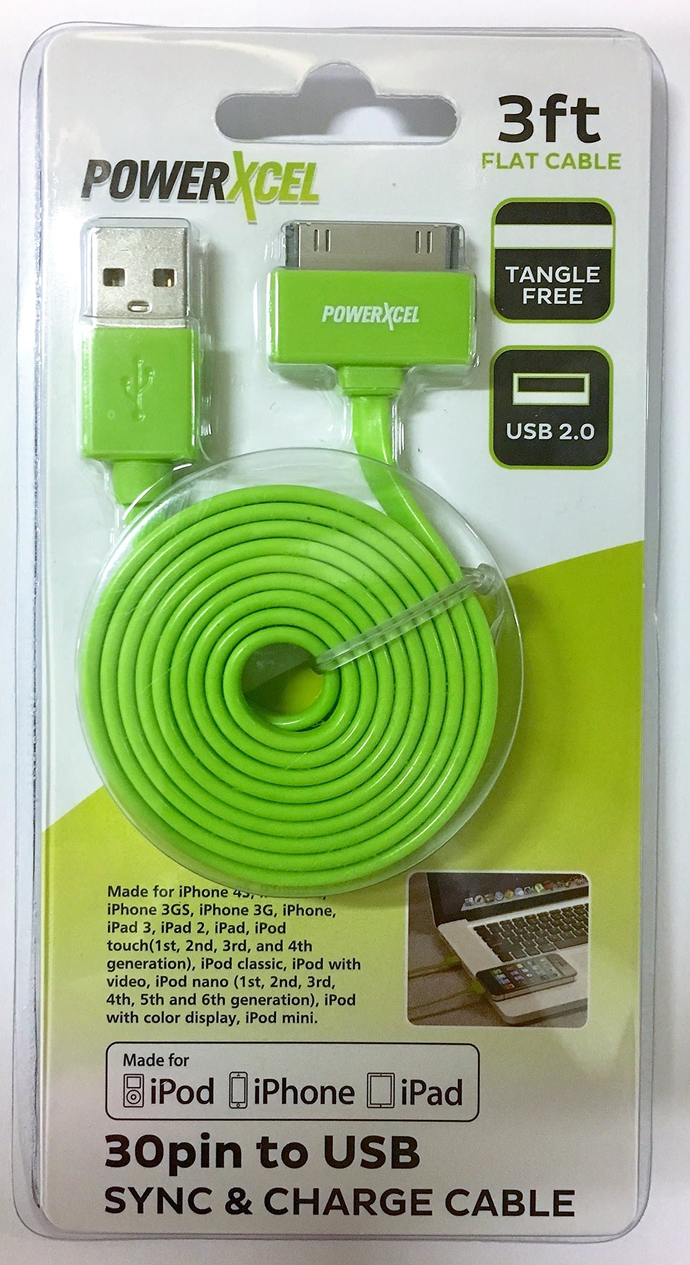 30 Pin to USB 3ft Flat Tangle Free Data Sync and Charge Cable for Ipod, Iphone, Ipad, Green