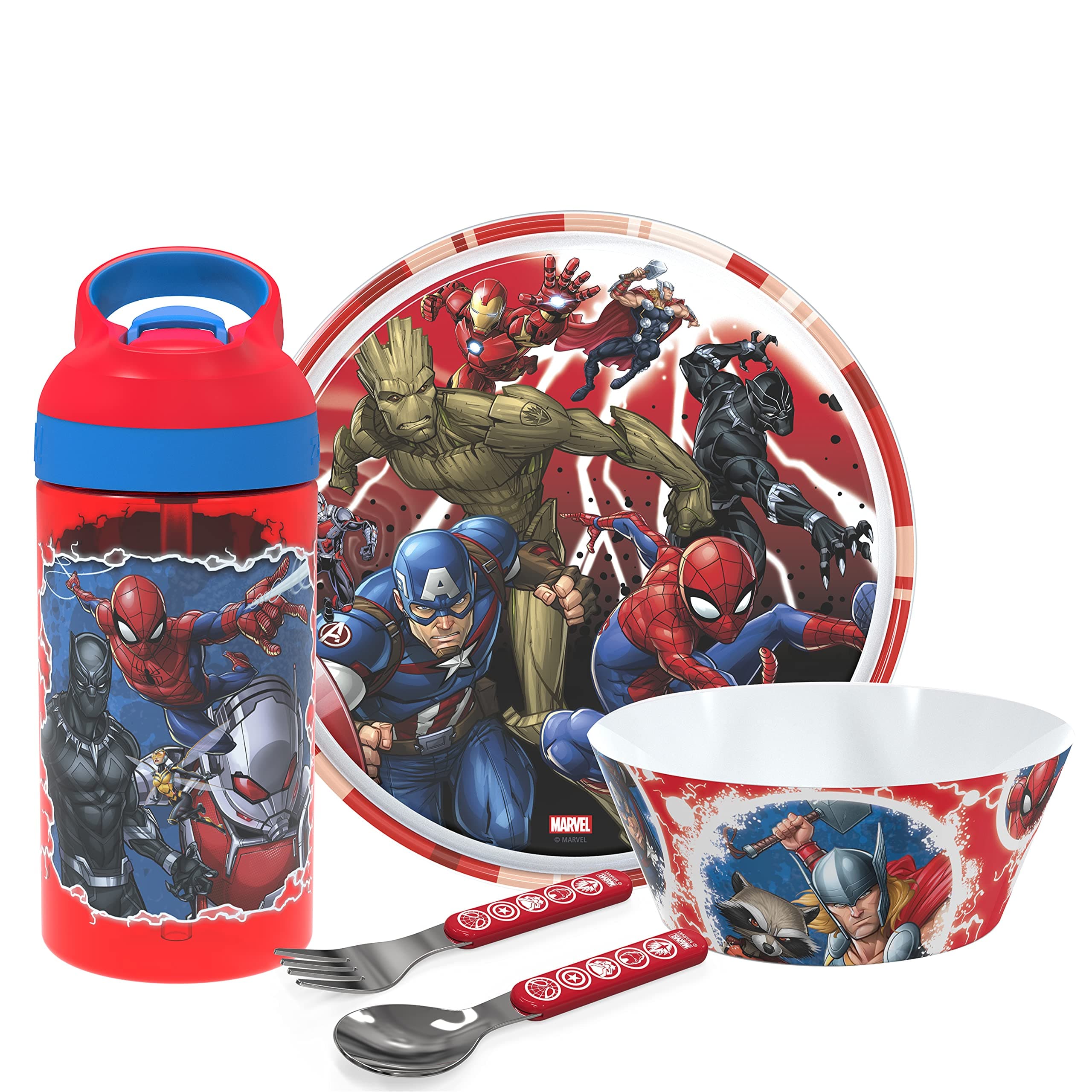 5-Piece Dinnerware Set, Marvel Universe - Durable Plastic & Stainless Steel - Includes Water Bottle, 8-Inch Plate, 6-Inch Bowl, Fork & Spoon - Suitable for Kids Ages 3+