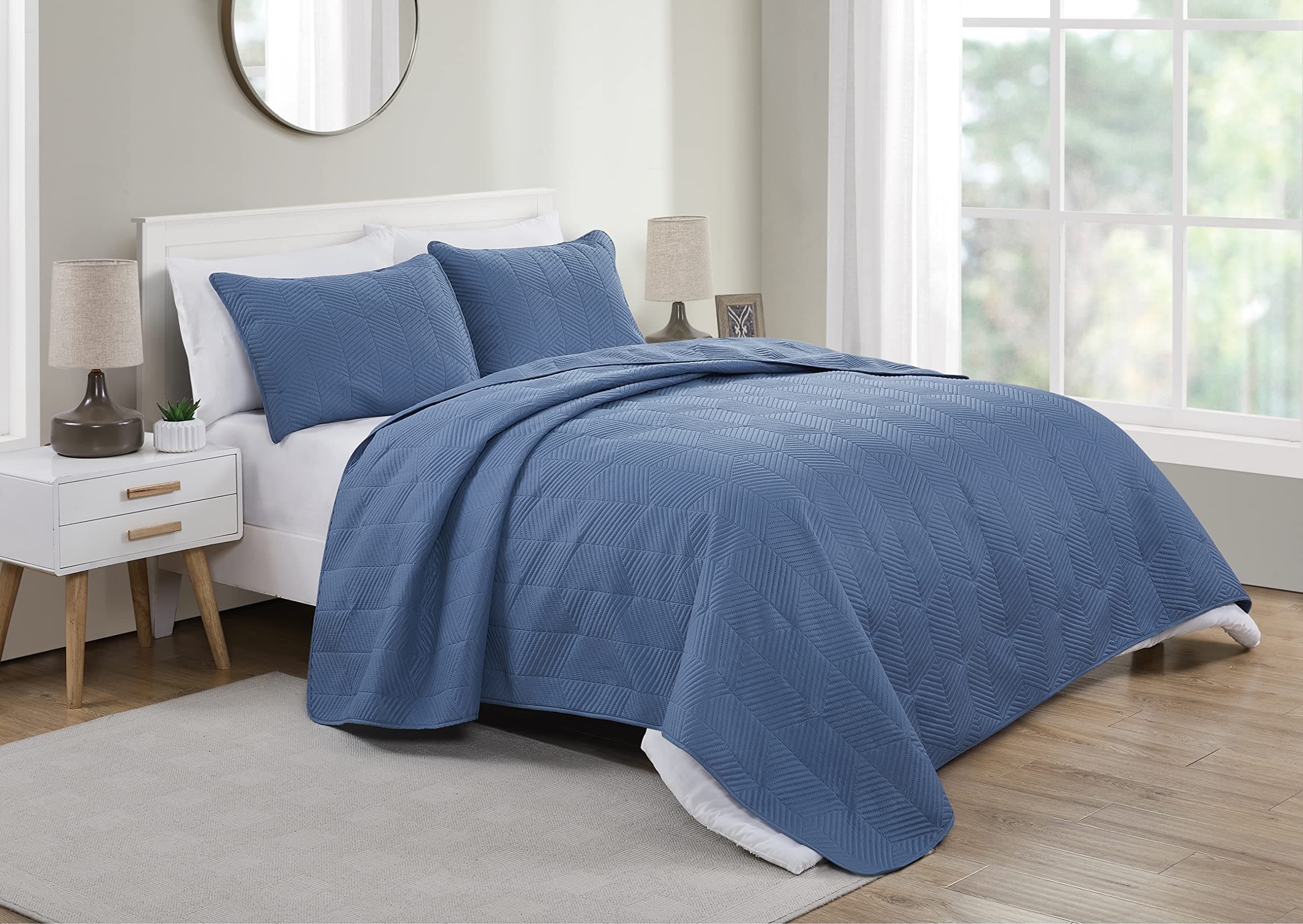 VCNY HomeHexa Collection | Solid Embossed Geometric Microfiber Quilt Set, King, 3 Pieces, Blue