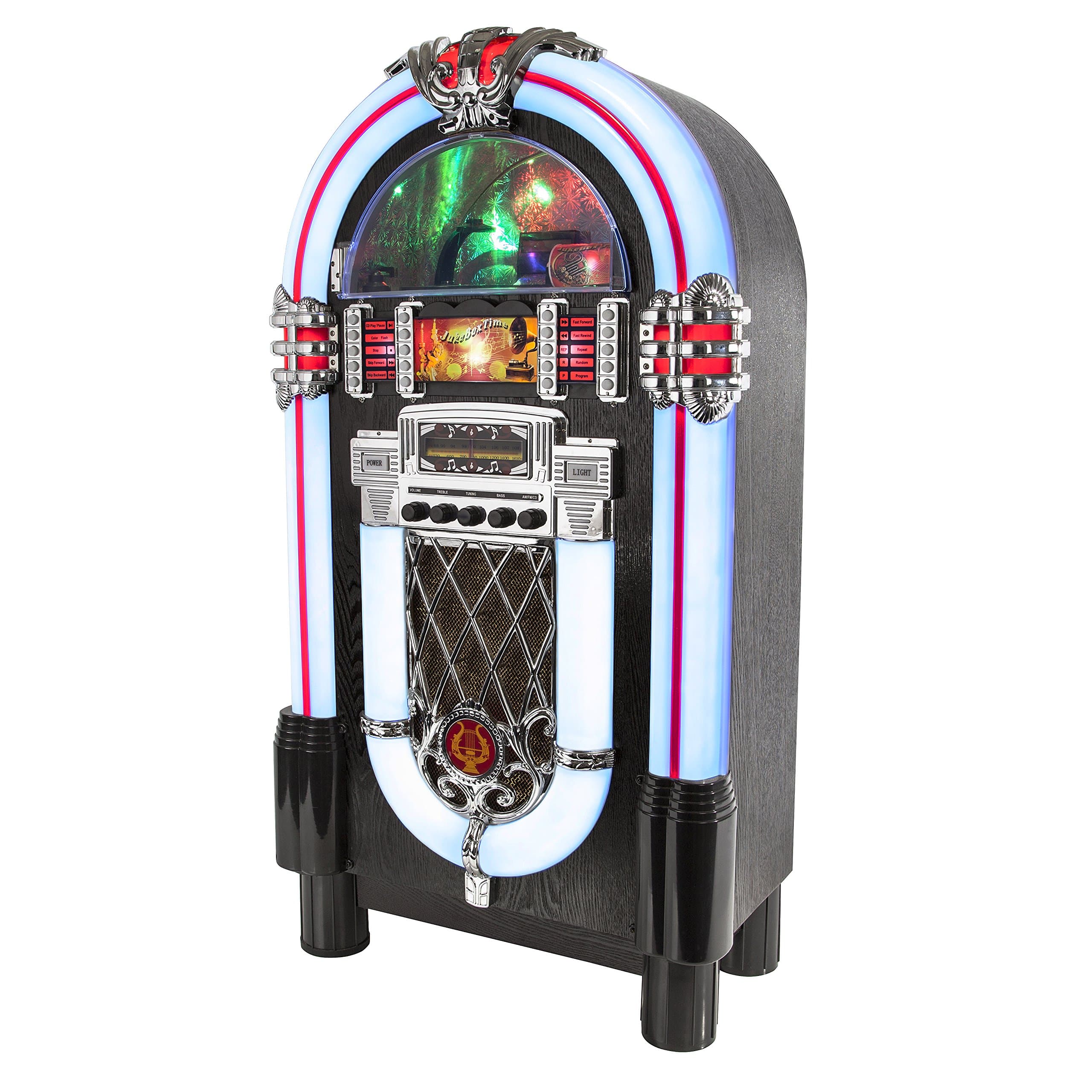 iTek Floorstanding Multi-Functional Bluetooth Jukebox with CD Player, AM/FM Radio, 2 x 40 W Power Output, Colour Changing LED Lights, Remote Control Included, Wood Finish
