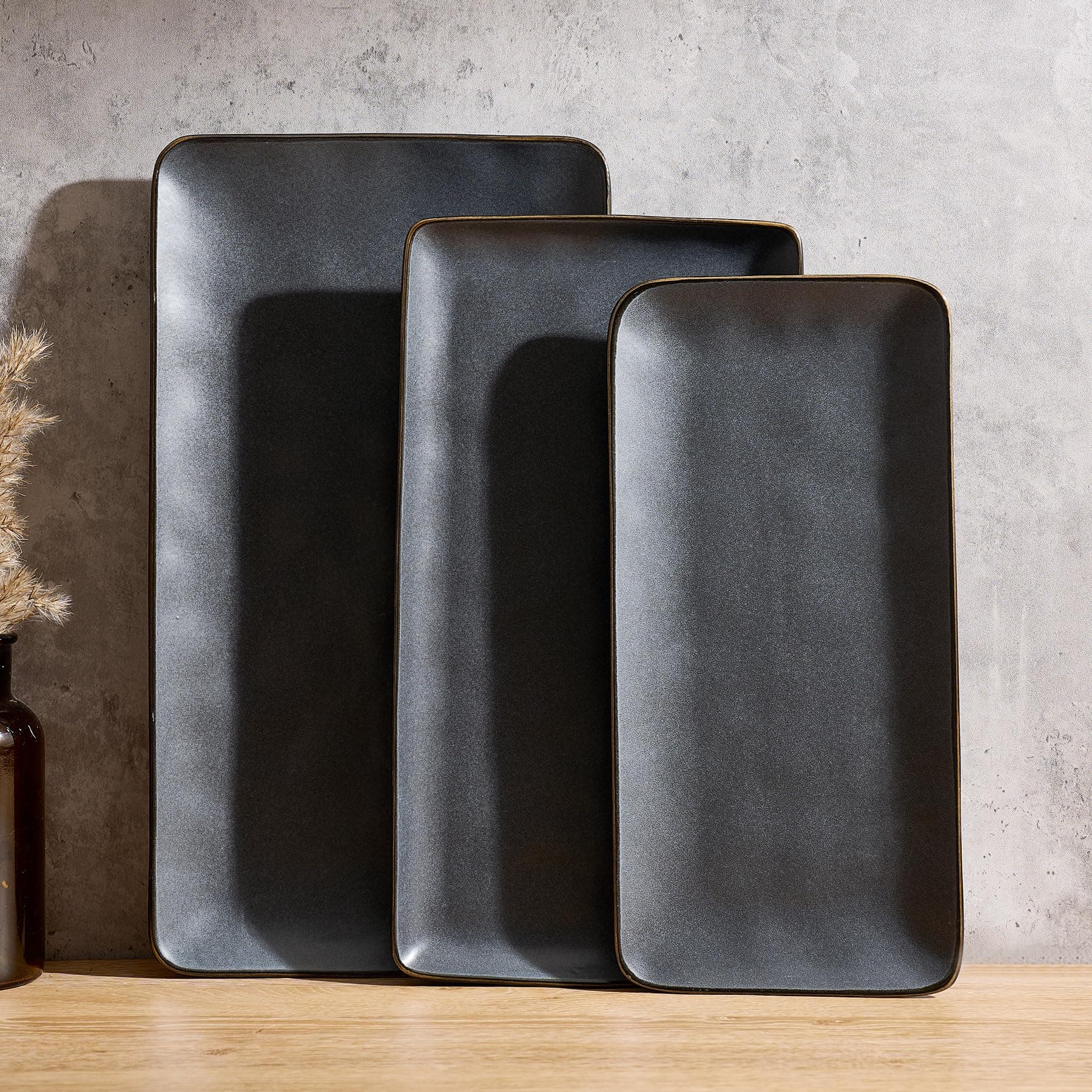 Serving Platter, Rectangular 15.67/14.1/12.6inch Serving Dishes for Entertaining, Dishwasher Safe, Stoneware Serving Trays for Party, Food, Turkey, Cheese, Reactive Glaze, Matte Dark Charcoal