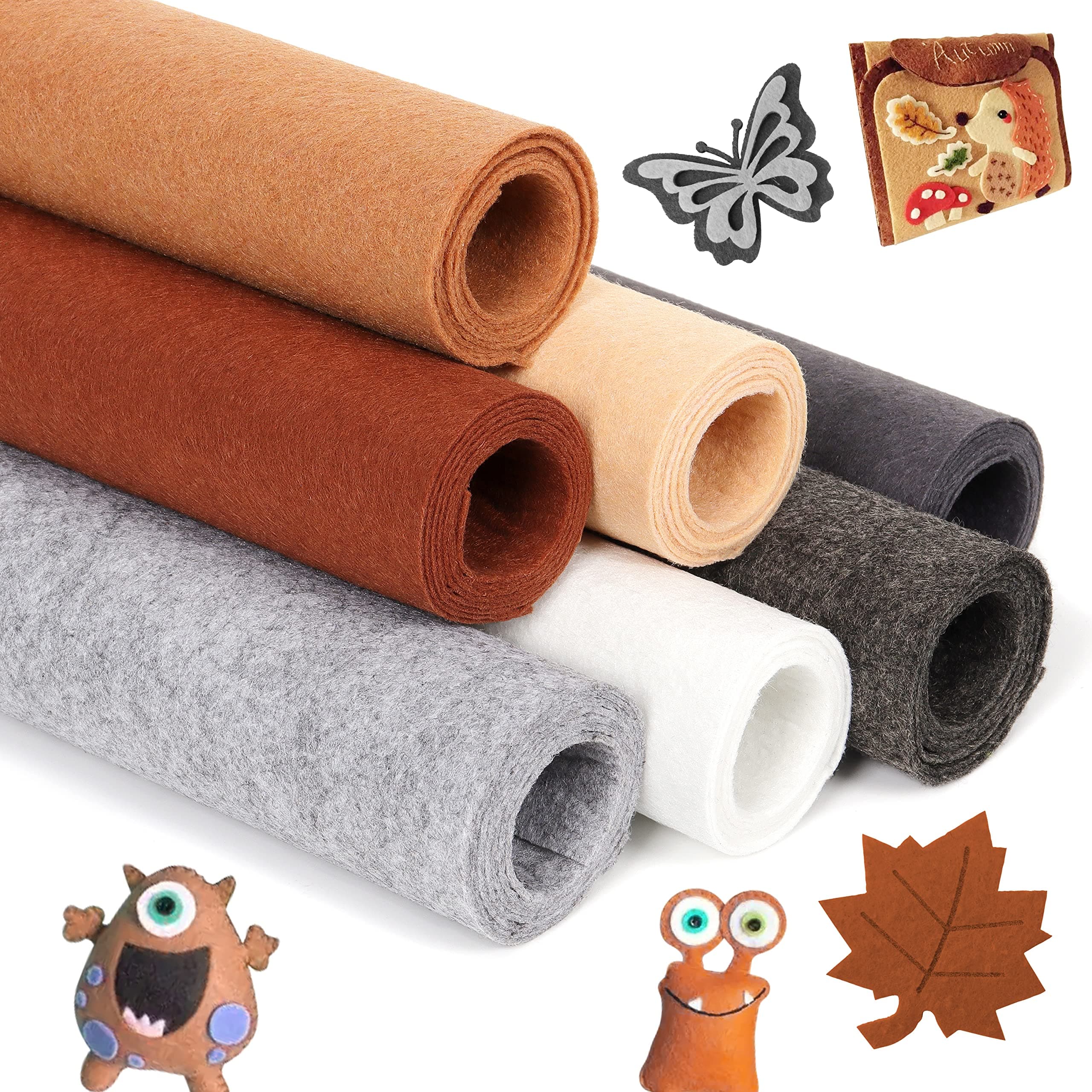 ZAIONE Felt Fabric Sheets Bundle: 7Rolls 21x90cm Grey Brown Stiff Assorted Color Craft Fabric for DIY Sewing Patchwork