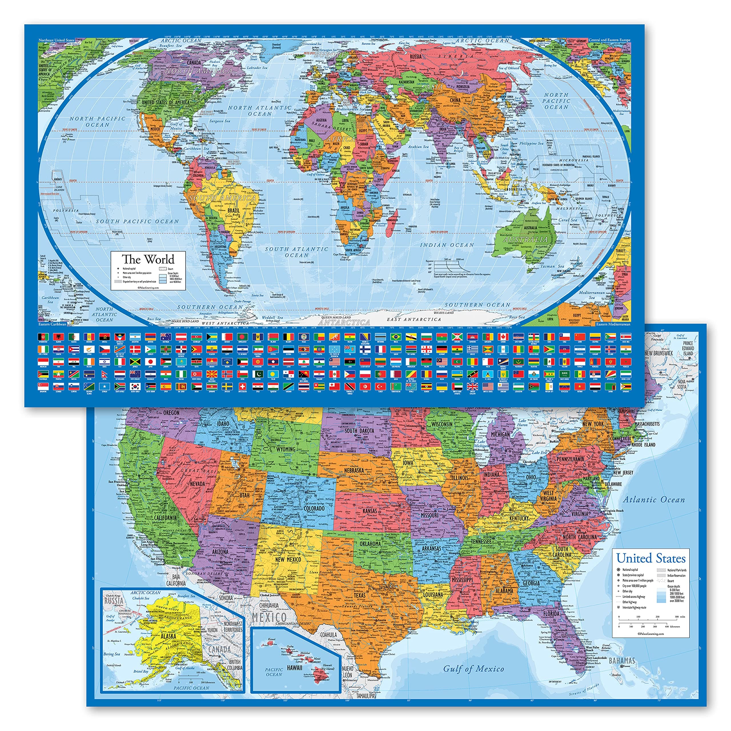2 Pack - Laminated World Map Poster & USA Map Set - Equal Earth world map design shows continents at true relative size - US Map 18” x 29”