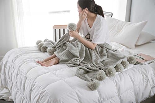 NOOS Throw Soft Warm Cover Blanket Cable Knitting Pattern Crochet Blanket, Cotton Cable Light weight Couch Air Cotton Knitted Throw Blanket, Sofa/Bedding/Couch Cover with Pom Poms