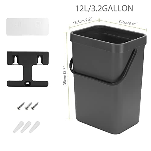 StoneSpace Undersink Trash Can Kitchen Compost Bin Diaper Pail 3.2 Gallon/12L Hanging Trash Can for Crib, Bathroom, Cupboard, Plastic Food Trash Can, 1 Pack, Black