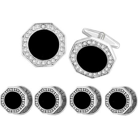 Alfa Perry Tuxedo Stud and Cufflink Set Silver Tone Octagonal Cufflink with Round Onyx Center