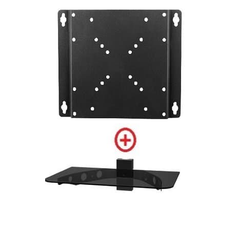 MountPlus 1070-31 Wall Mounted TV and Component Shelf Combo DVD DVR VCR Wall Mount Bracket for TV and DVD Player DSS Receiver Blu-Ray Media VCR Stereo Cable Box - Glass Shelf Holder (16" wide x 12" deep)