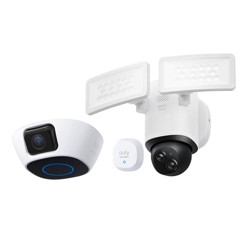 eufy Security Smart Garage-Control Cam E110 with Sensor, Garage Door Opener Camera+ Floodlight Camera E340 Wired, Security Camera Outdoor, 360° Pan & Tilt, 24/7 Recording, Built-in Siren, Dual Cam