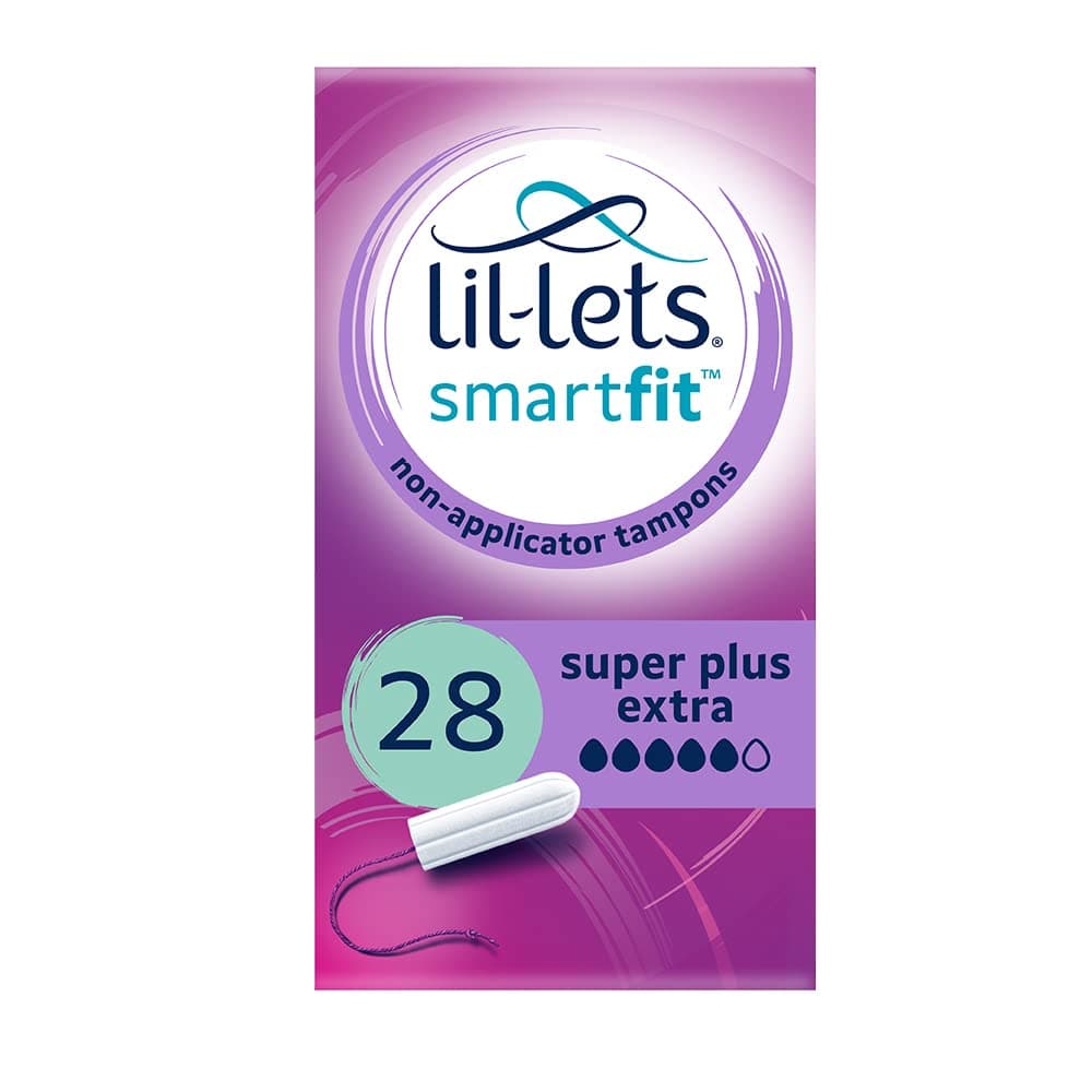 Lil-Lets Non-Applicator Super Plus Extra Tampons, 28 Count (1 Pack), for Very Heavy Flow, 5 Droplets, Plant-Based, SmartFit Non-App Tampon