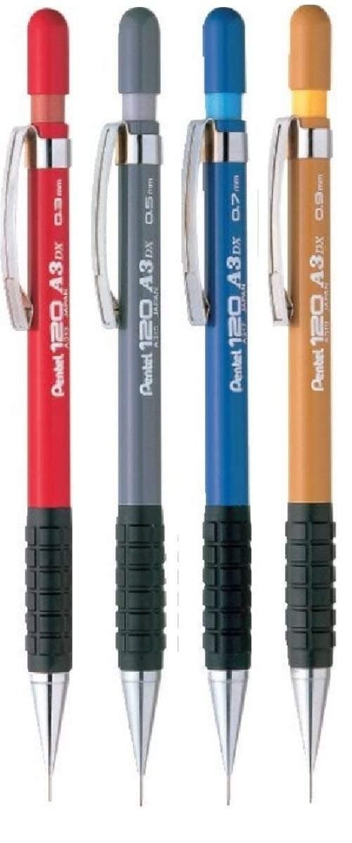 Assorted Size Pack 120 DX Automatic Mechanical Pencil Refillable Lead Capped Metal Clip Rubber Grip (1 Of Each Size - 4 Pens - 0.3mm, 0.5mm, 0.7mm, 0.9mm)